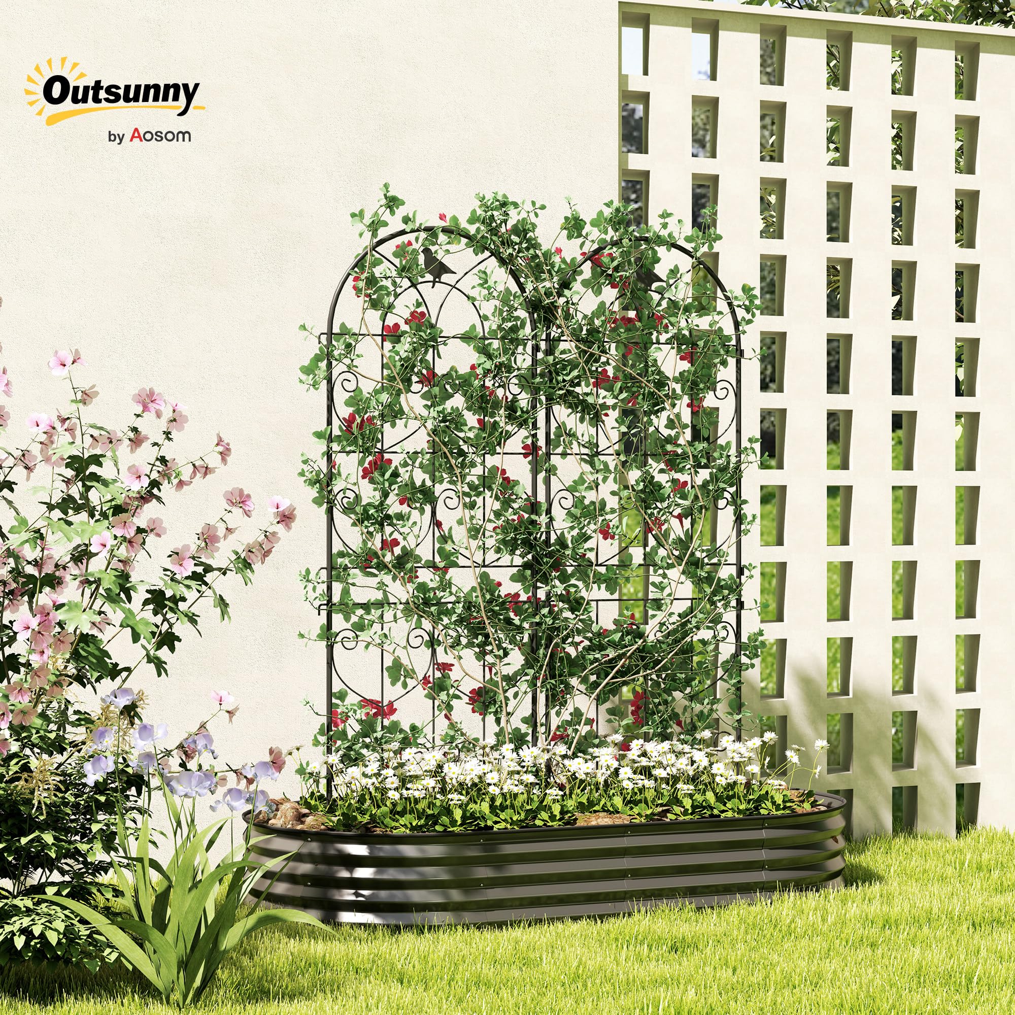 Outsunny Rankgitter Metall Rostfrei für Kletterpflanzen 50x150 cm Schwarz | Metall, 2er Set, zum Stecken, Rankhilfe mit Vogeldesign, Spalier für Zimmerpflanzen, Pflanzenspalier für Tomaten, Blumen