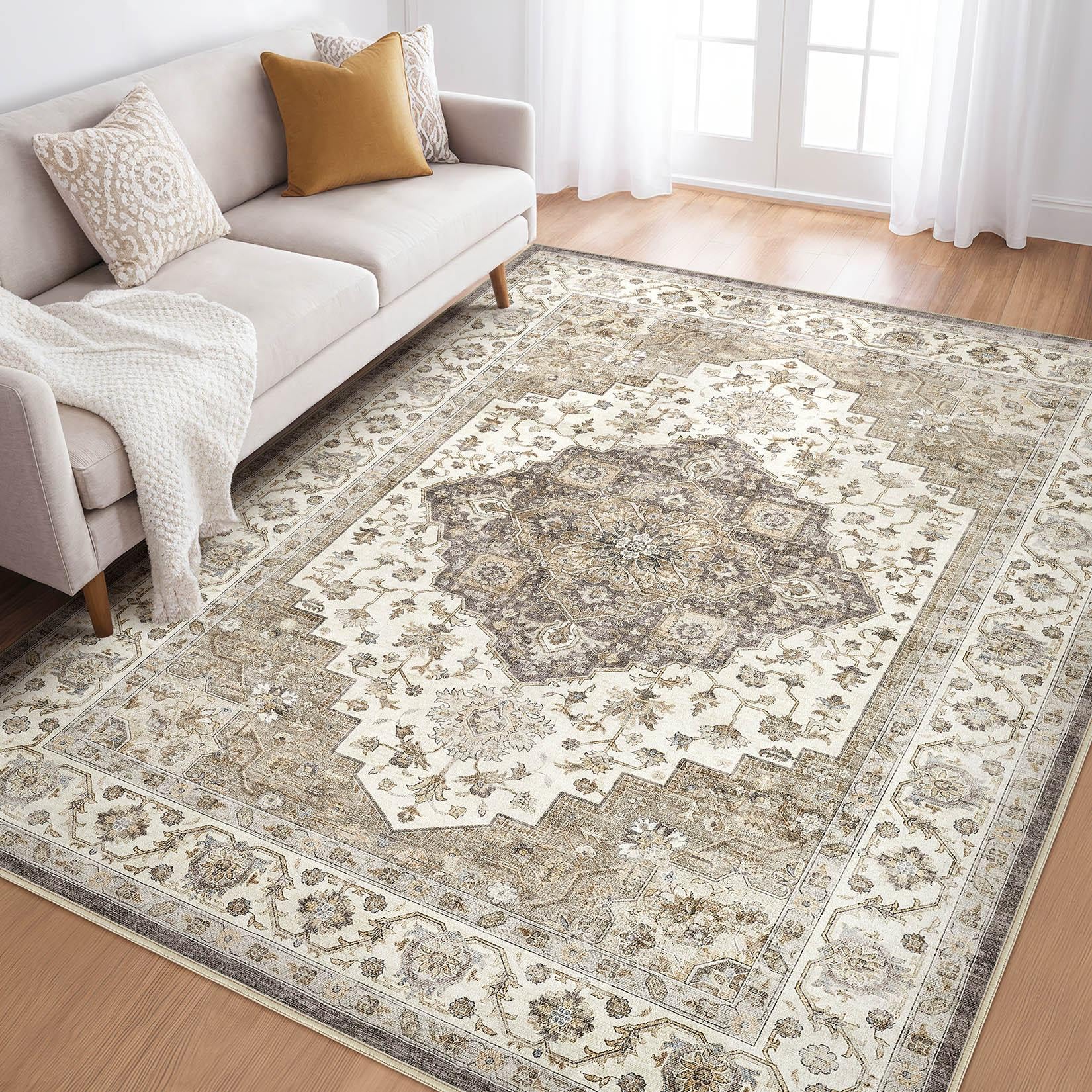 LOONGRUG 6x8 Area Rug Washable Vintage Boho Living Room Rug Brown Beige
