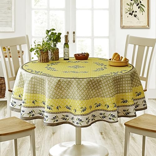 Home Bargains Plus Mantel redondo de tela, 70 pulgadas, estampado Olivier amarillo y gris oliva, resistente a las manchas y al agua, país francés