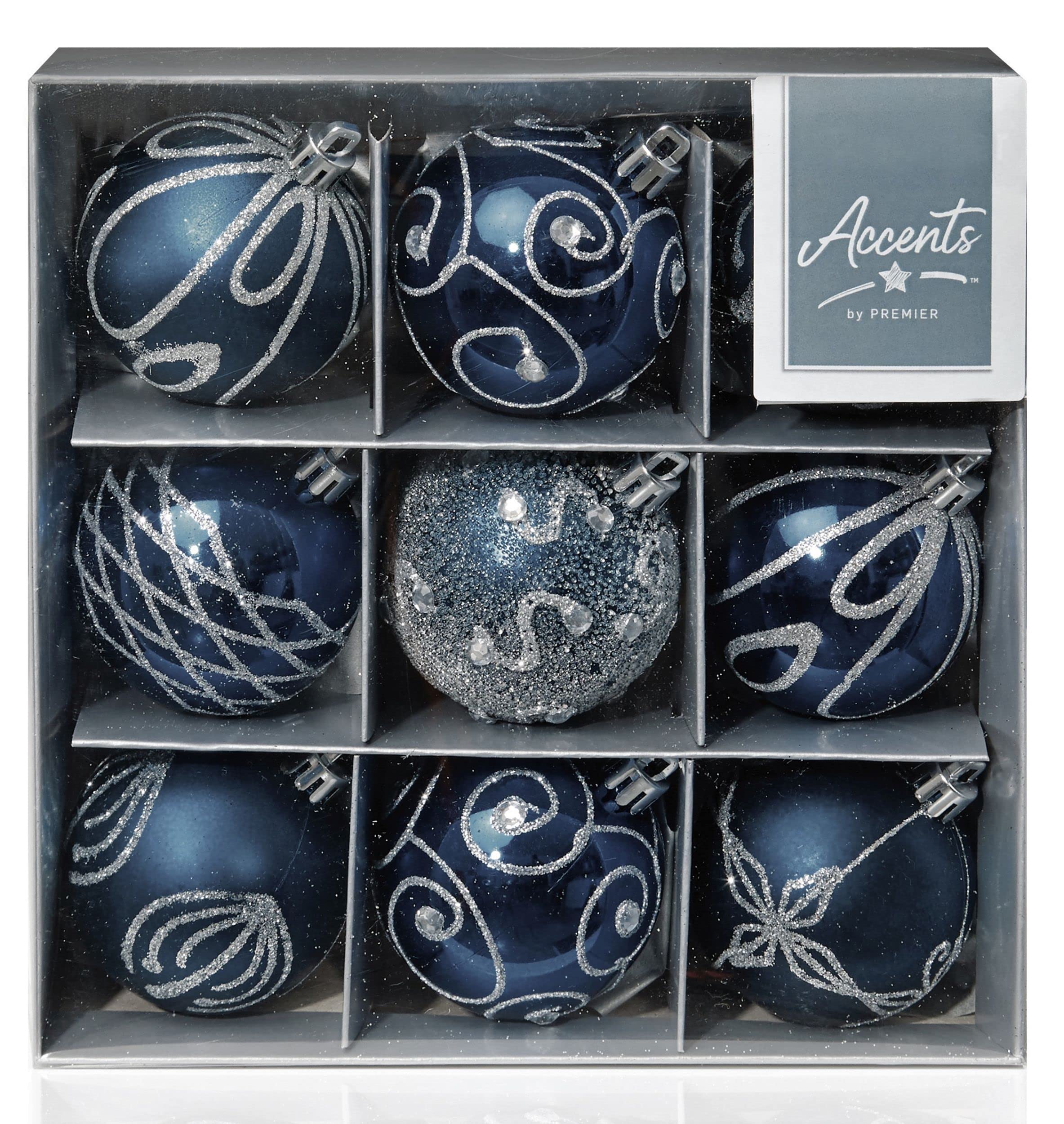 Premier Blue Set Of 9 Midnight Christmas Tree Baubles, Plastic, 6Cm By