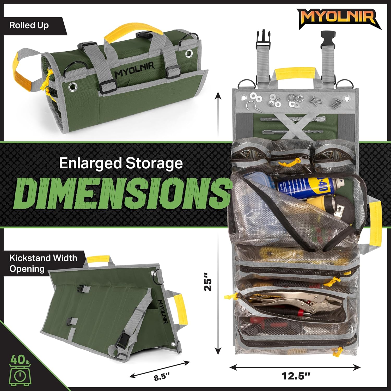 Roll Up Tool Bag Organizer With Kickstand - Compact Heavy Duty Motorcycle Tool Roll Bag Organizer - Portable Rollup Toolbag With Magnetic Panels & Transparent Pockets - Mechanic & Electrician - Image 2