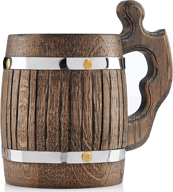 Large Wooden Beer Mug - Oak - Handmade with Amazing Craftsmanship and Quality Materials - Lined with Metal - Heavy Duty - Sturdy - Long Lasting