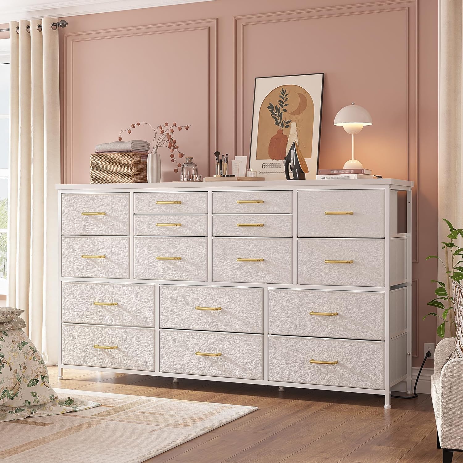 16 Drawers Long Dresser for Bedroom, 51"W Dressers with Power Outlets for 60"Inch TV for Living Room, Entertainment Center with Storage, Media TV Stand Console Table 51.1''W*11.8''D*34.8''H, White