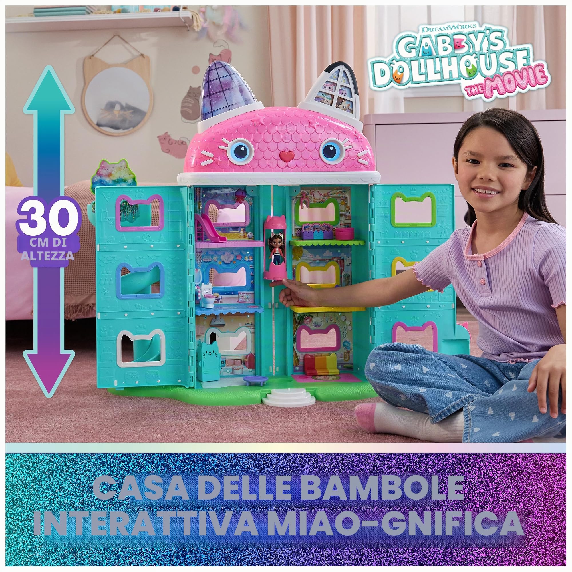Gabby's Dollhouse: The Movie, Meow-Mazing, casa delle bambole interattiva, 7 stanze, occhi con schermo LCD, figure, Sound FX, giocattoli per bambini per ragazze e ragazzi dai 3 anni in su