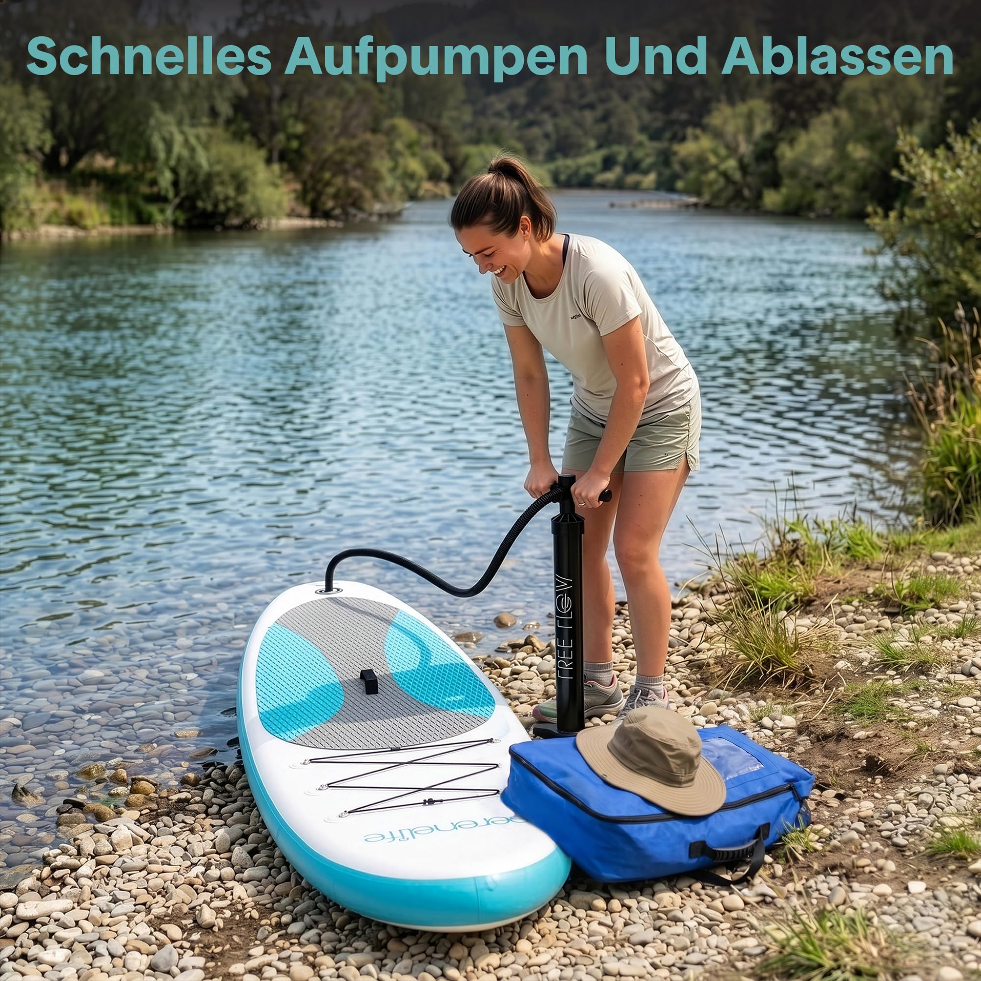 SereneLife Stand Up Paddling Board Set, SUP Board Komplettes Zubehör, Stand Up Paddle Board für Kinder & Erwachsene, Surfbrett & Tragetasche, Paddle Set Anti-Rutsch mit Pumpe, Auflasbares Paddelbrett