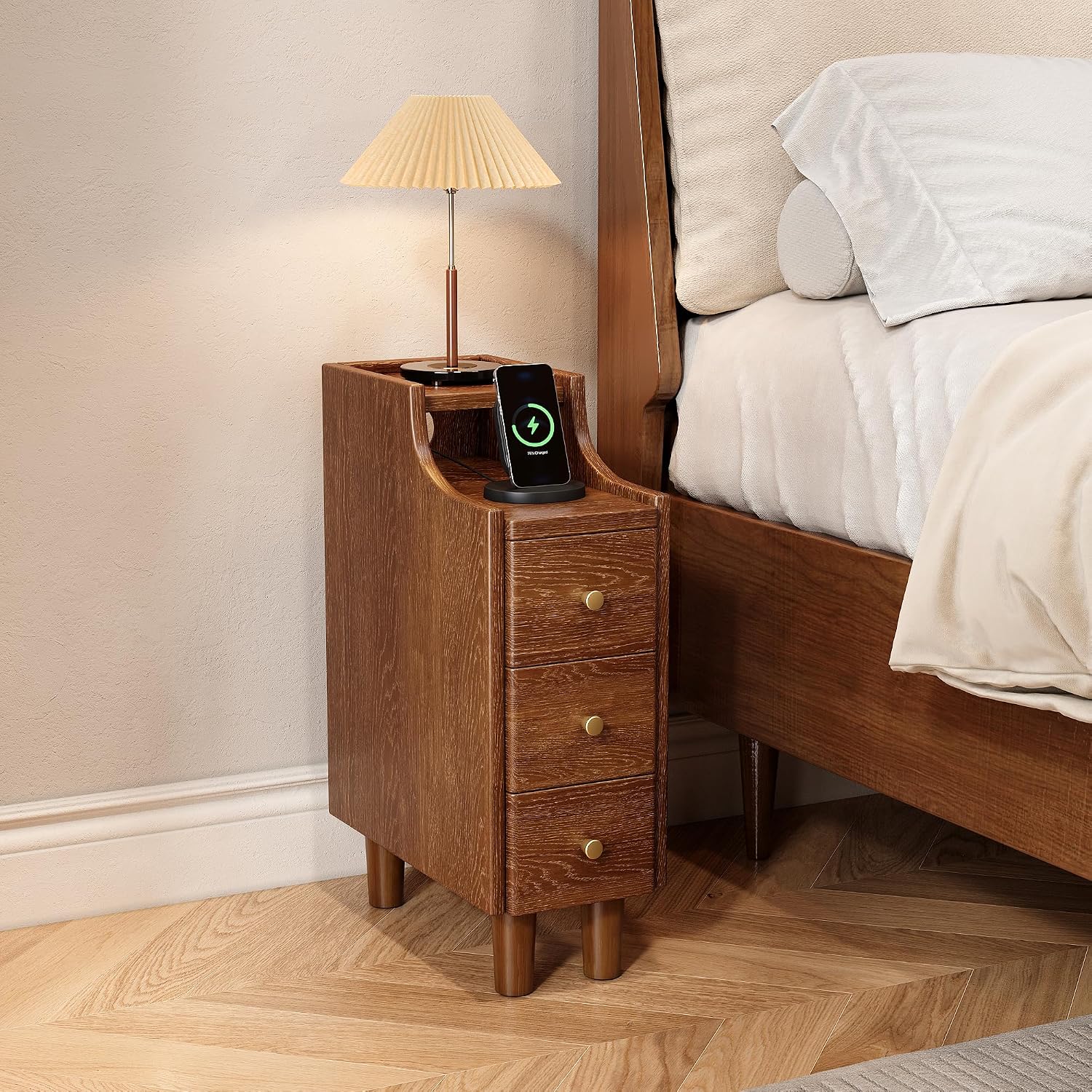 IUNVR Narrow Nightstand with 3 Drawers, Solid Wood Slim Bedside Table