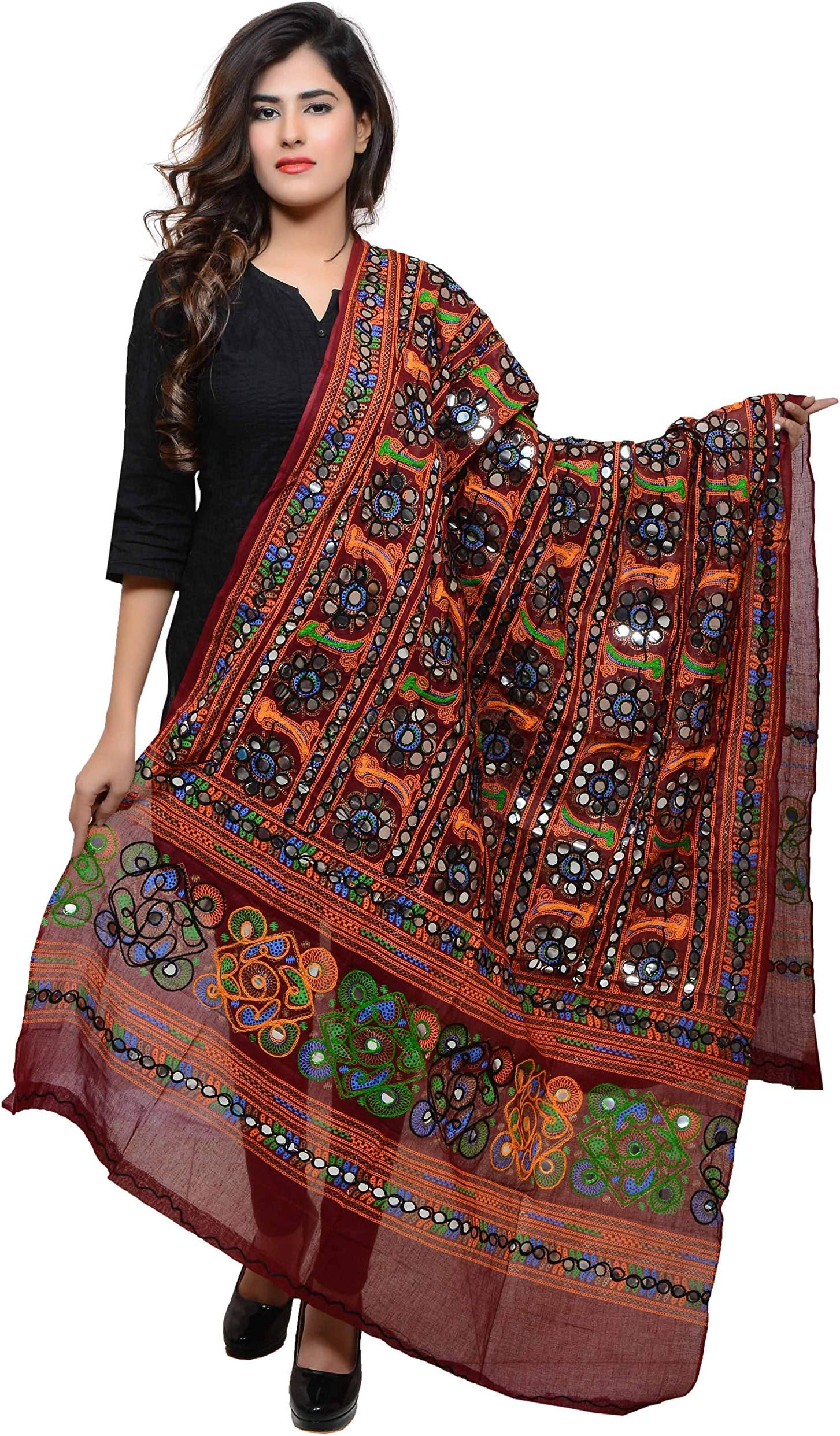 Banjara Women's Cotton Stoles & Dupattas Kutchi Bharchak Free Size, Maroon, One Size