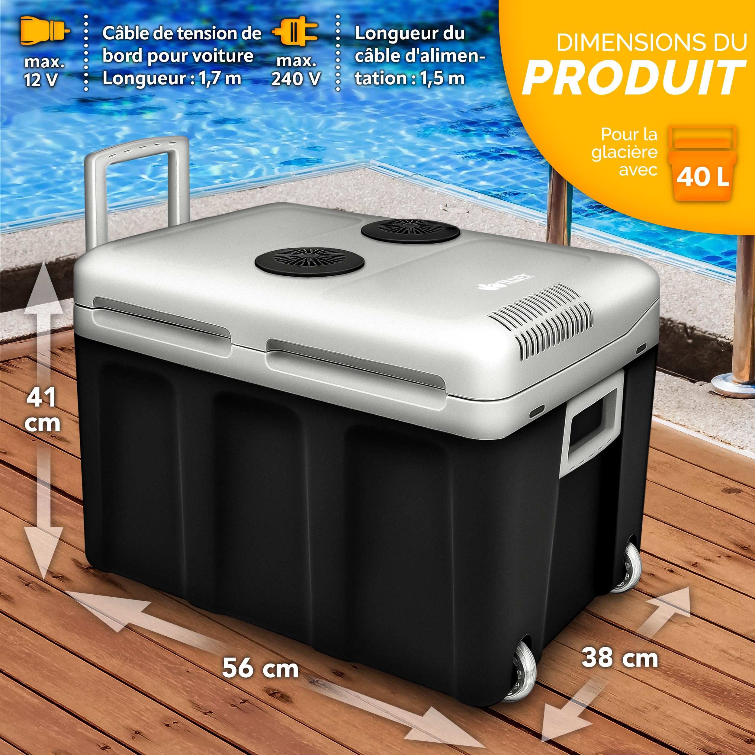 tillvex Glacière électrique 40 l avec roulettes | Mini réfrigérateur 230 V et 12 V pour Voiture, Voiture, Camping, Refroidissement et Chaleur | Mode ECO
