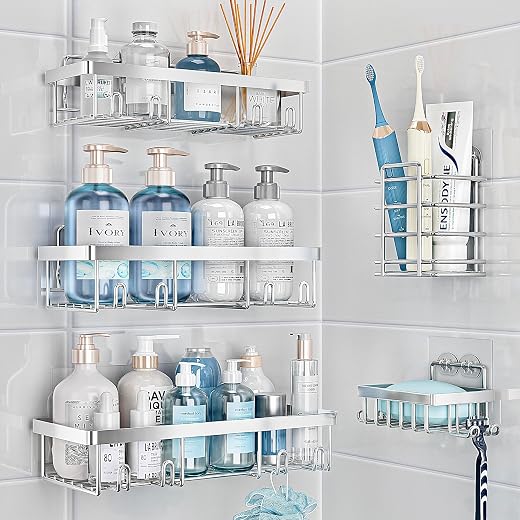 Shower Caddy, 5 Pack Shower Organizer Rack for Inside Shower, Large Capacity, Durable Stainless Bathroom Shower Shelf, Silver