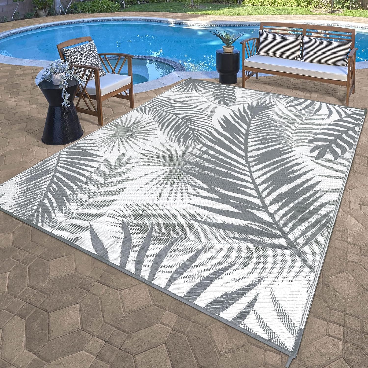 HiiARug 10x8 Outdoor Rug Waterproof Reversible Plastic Straw Rug for Patio RV Deck Beach Porch Balcony Grey White