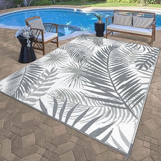 HiiARug 10x8 Outdoor Rug Waterproof Reversible Plastic Straw Rug for Patio RV Deck Beach Porch Balcony Grey White