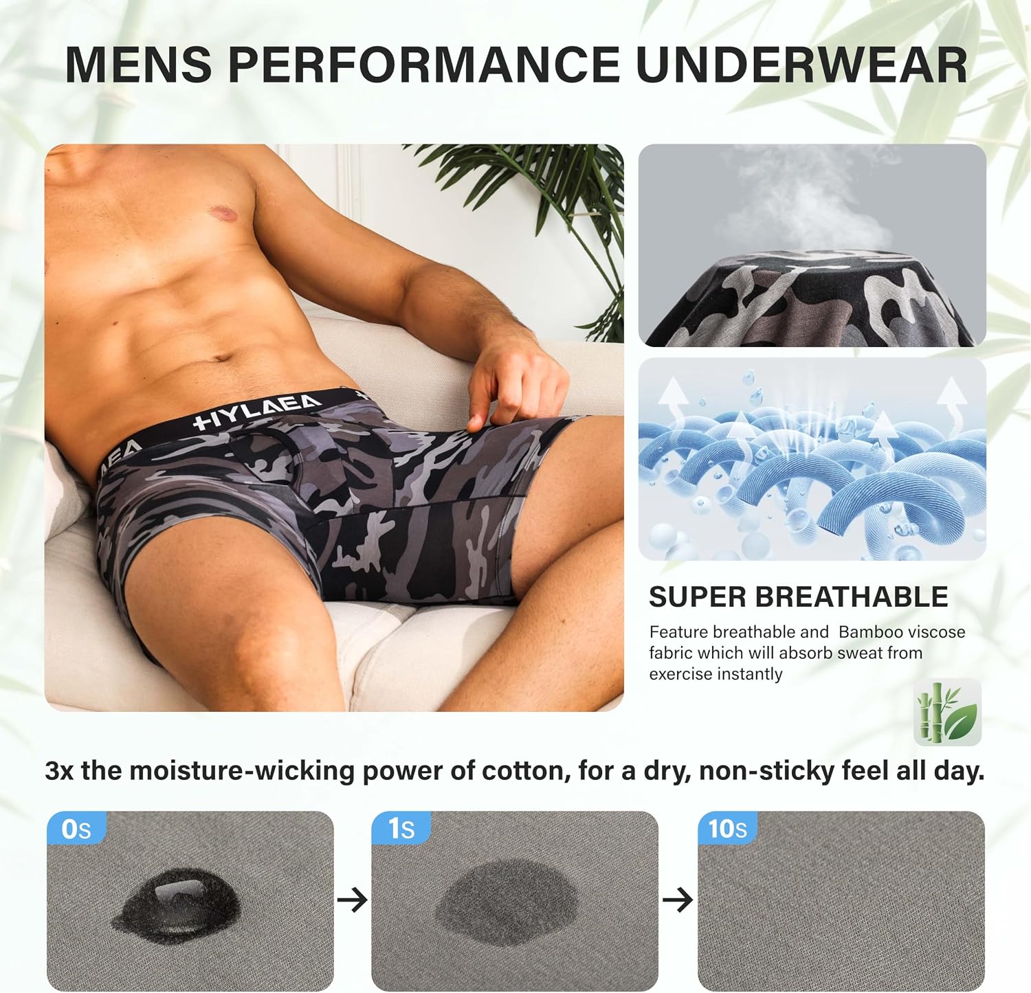 Hylaea Mens Bamboo Boxer Briefs, Breathable Moisture Wicking Underwear, No Ride Up With 3D Pouch Support