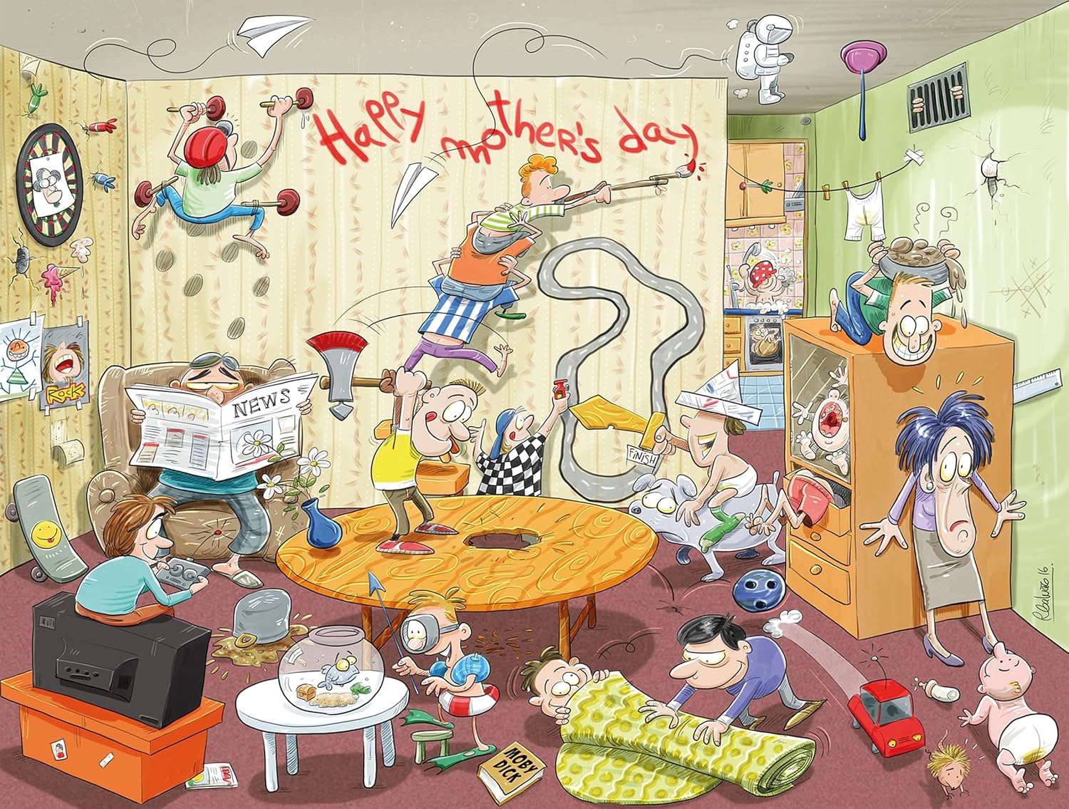 Jigsaw Puzzles for Adults - Chaos On Mother's Day - 1000 Piece Jigsaw Puzzles for Adults, Teens, Kids | Made in The UK | 100% Recycled Puzzle Board | Funny Cartoon Puzzles | 66cm X 50cm