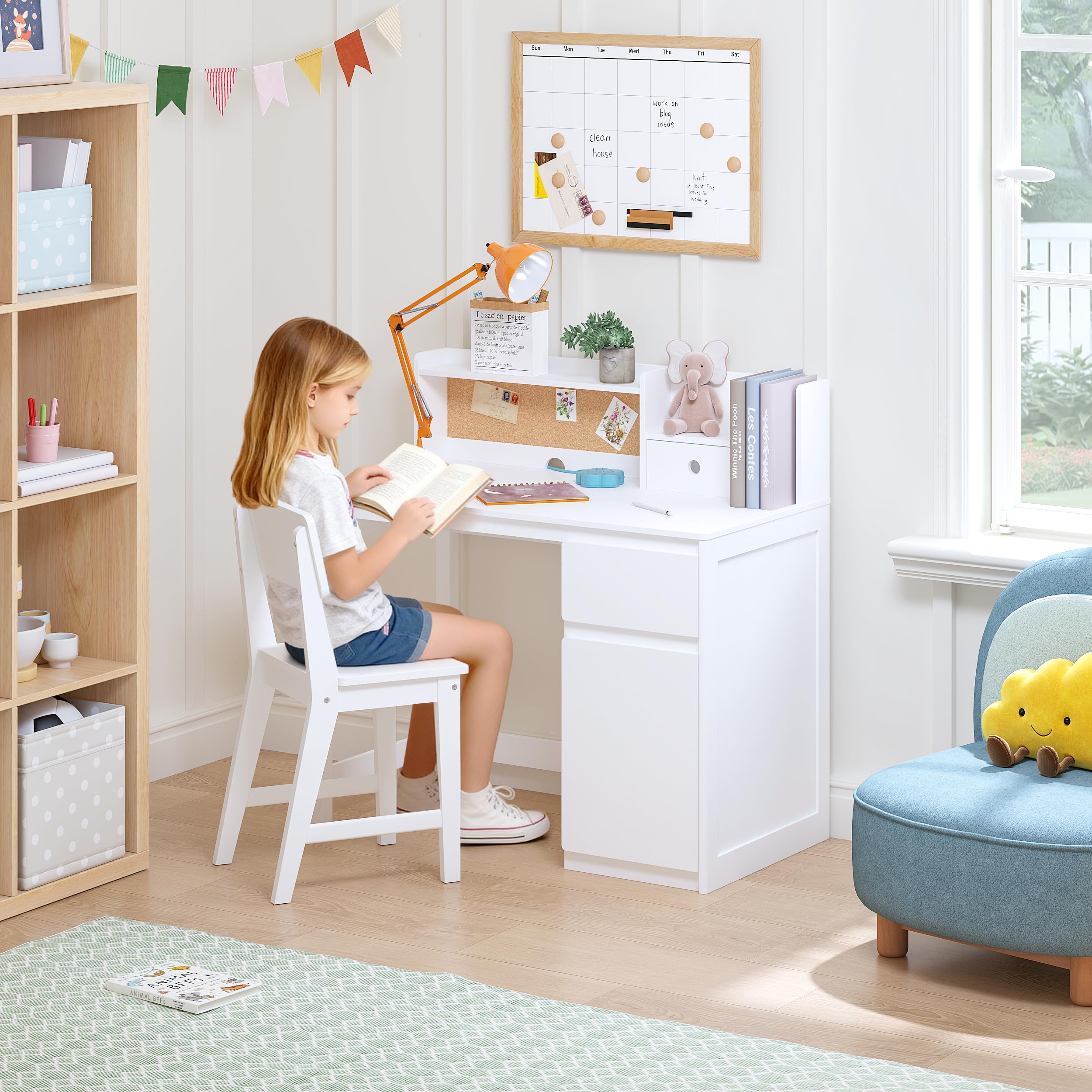 Juego de escritorio y silla para niños, escritorio de estudio para niños con gabinete para 5 a 12 años, mesa de estudio de madera para niños, mesa de escritura para estudiantes, estación de 7