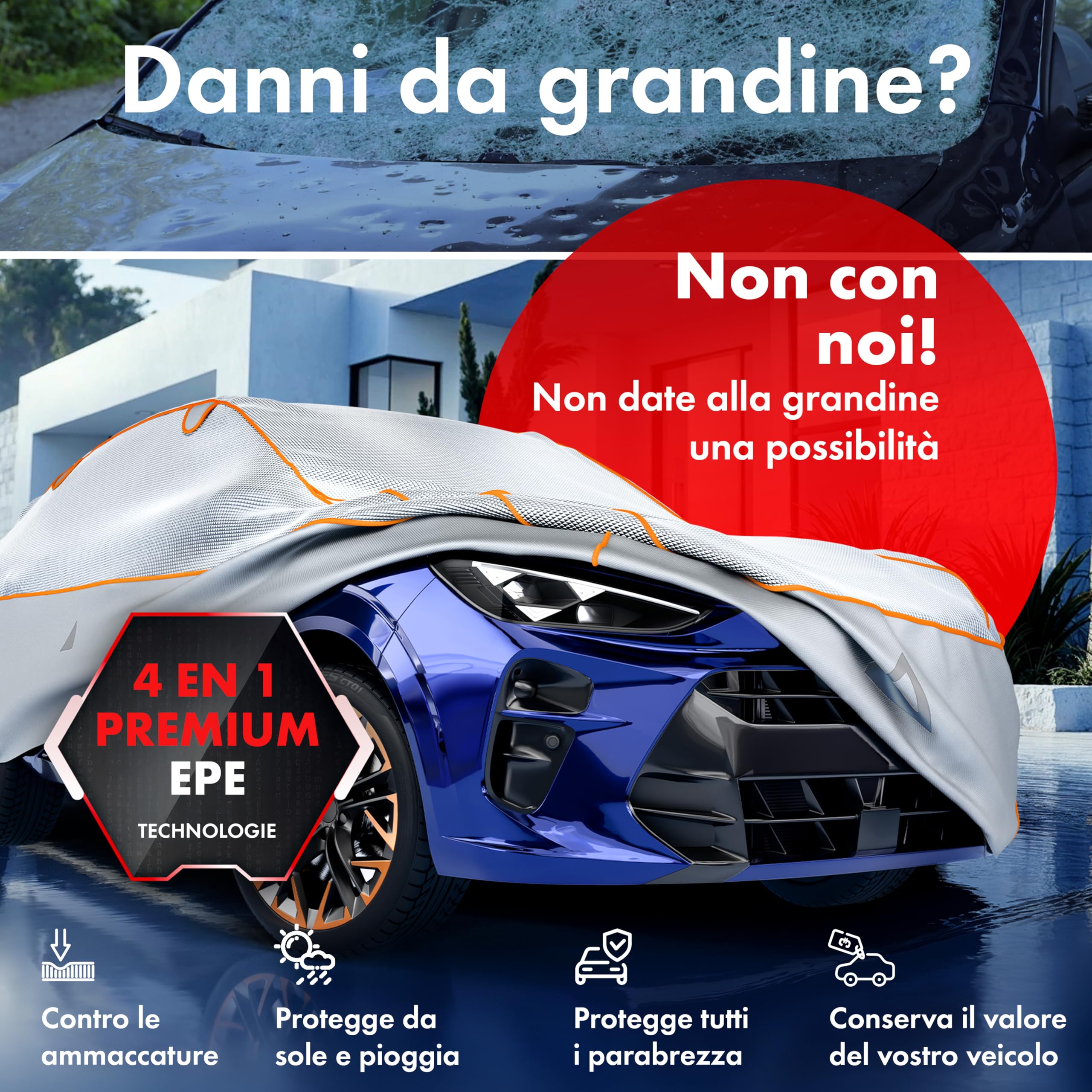 Walser Premium Telo Antipioggia per Auto, Copertura EPE Sun Protect con Protezione UV, Copri Veicolo Impermeabile 100%, Telone Garage Antigrandine Antipolvere Traspirante Esterno