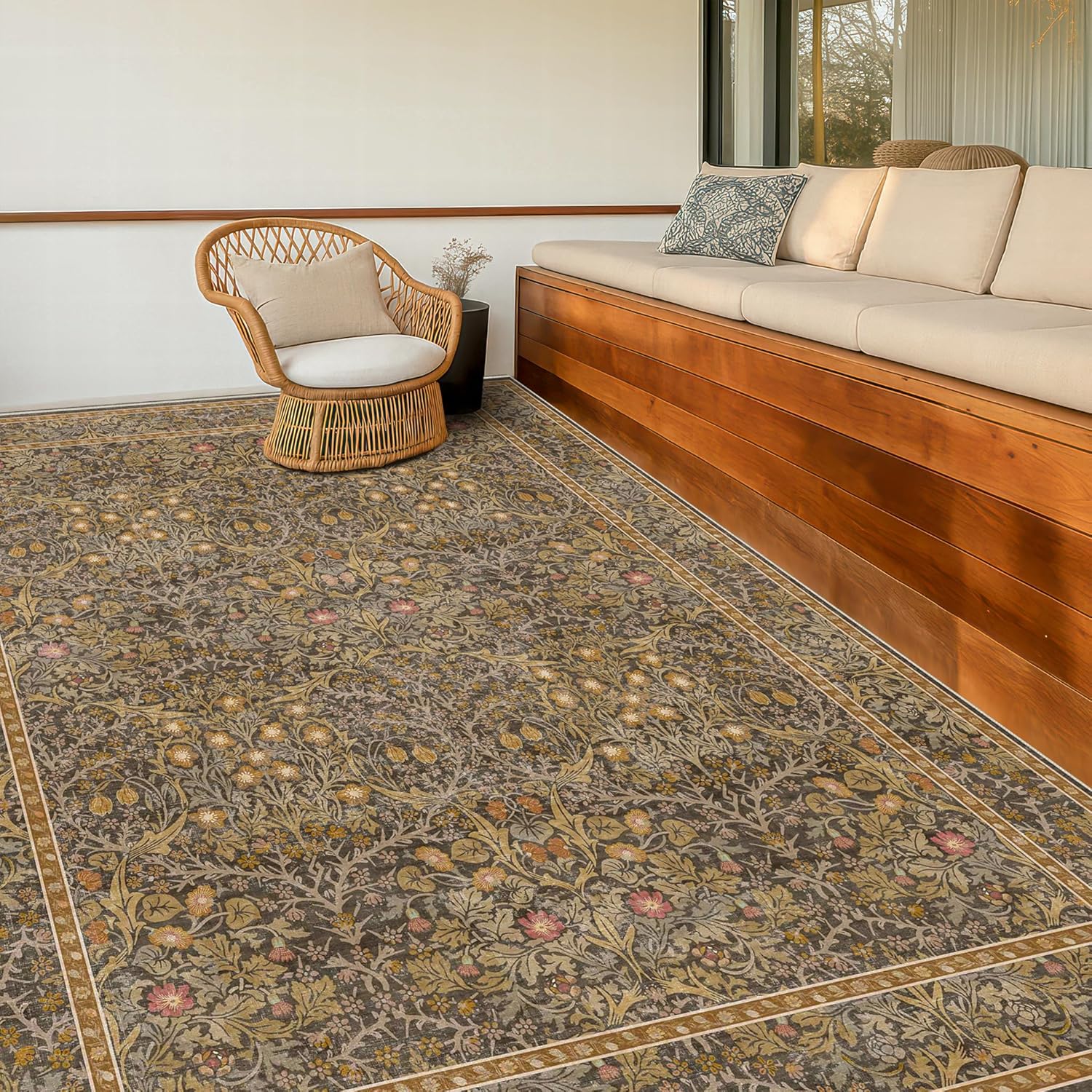 Washable Dining Room Rugs for Under Table - 6x9 Brown Oriental Area Rug for Living Room, Low Pile Non-Slip Floor Carpet for Bedroom Under Bed - Vintage Design & Stain Resistance