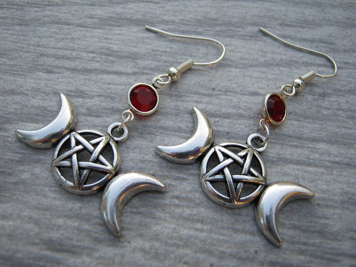 Pentacle Crescent Moon Birthstone Earrings, Personalized Nature Earrings, Fertility Jewelry, Triple Goddess