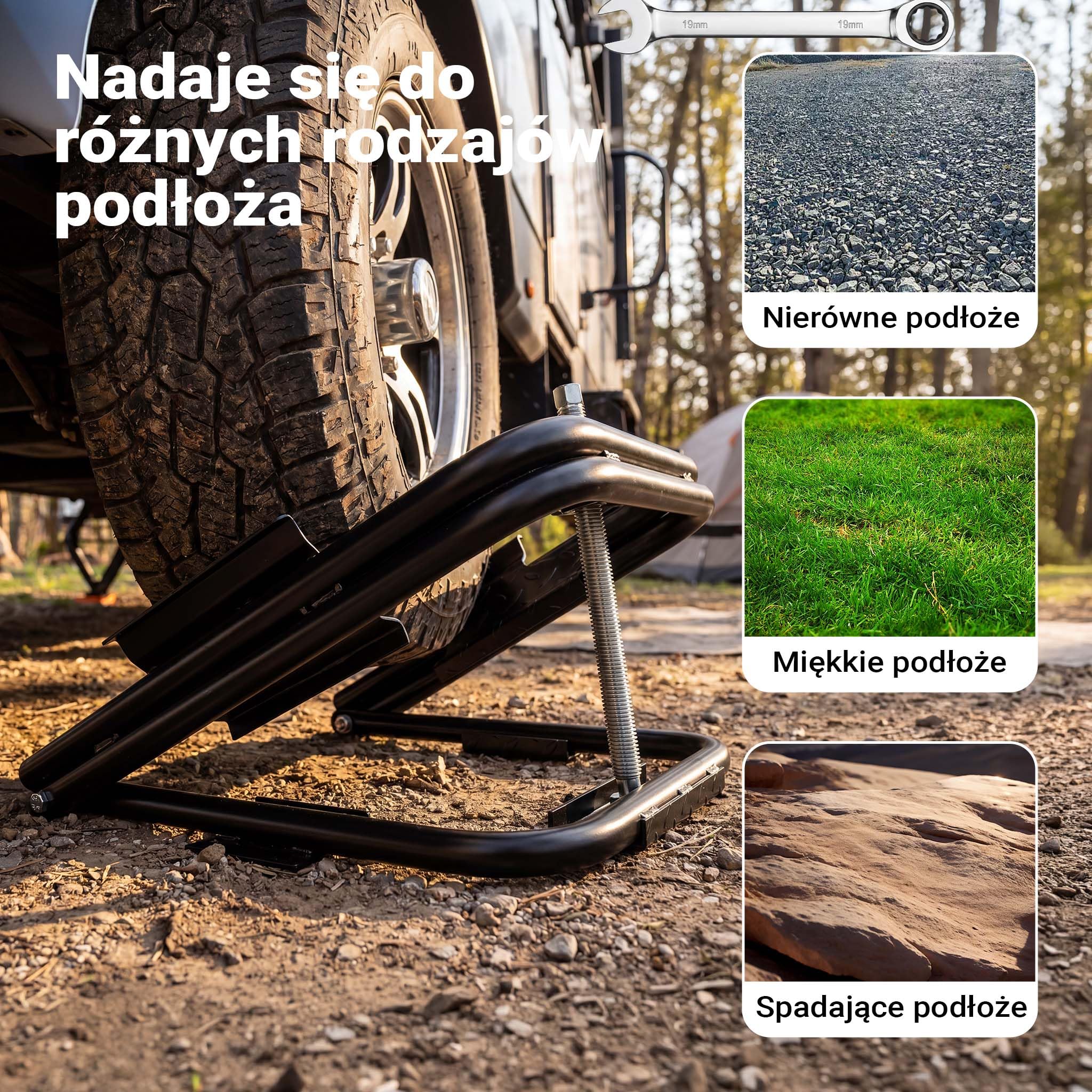 Wiltec Podnośnik do przyczepy kempingowej do 1360 kg, ze stali, ręczne wyrównanie kampera dla opon 14“-15“, niwelacja przez koło, z kluczem