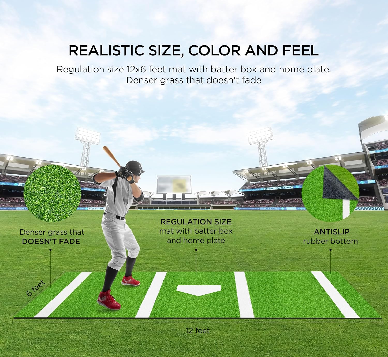 ZivPlay Batting Mat Baseball Hitting Mat 12′ x 6′ Regulation Size Turf