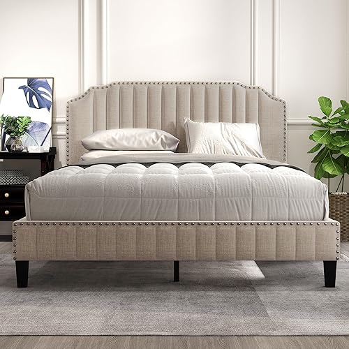 Miniatura 2 de Base de cama tapizada tamaño Queen con cabecera curva, marcos de cama de tela de lino con soporte de listones de madera, no necesita somier, fácil