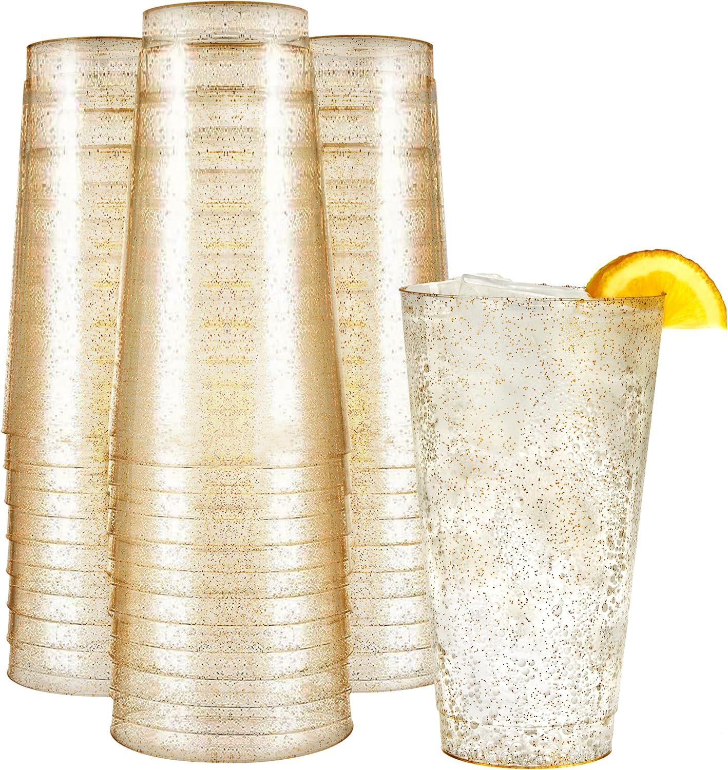 R-kay 16 oz Gold Glitter Plastic Cups For Party - 50 Pack Gold Plastic Cups - Hard Disposable Cups - Premium Heavy Duty Gold Cups - Disposable Cocktail Glasses - Party Cups (50 Pack, 16, ounces)