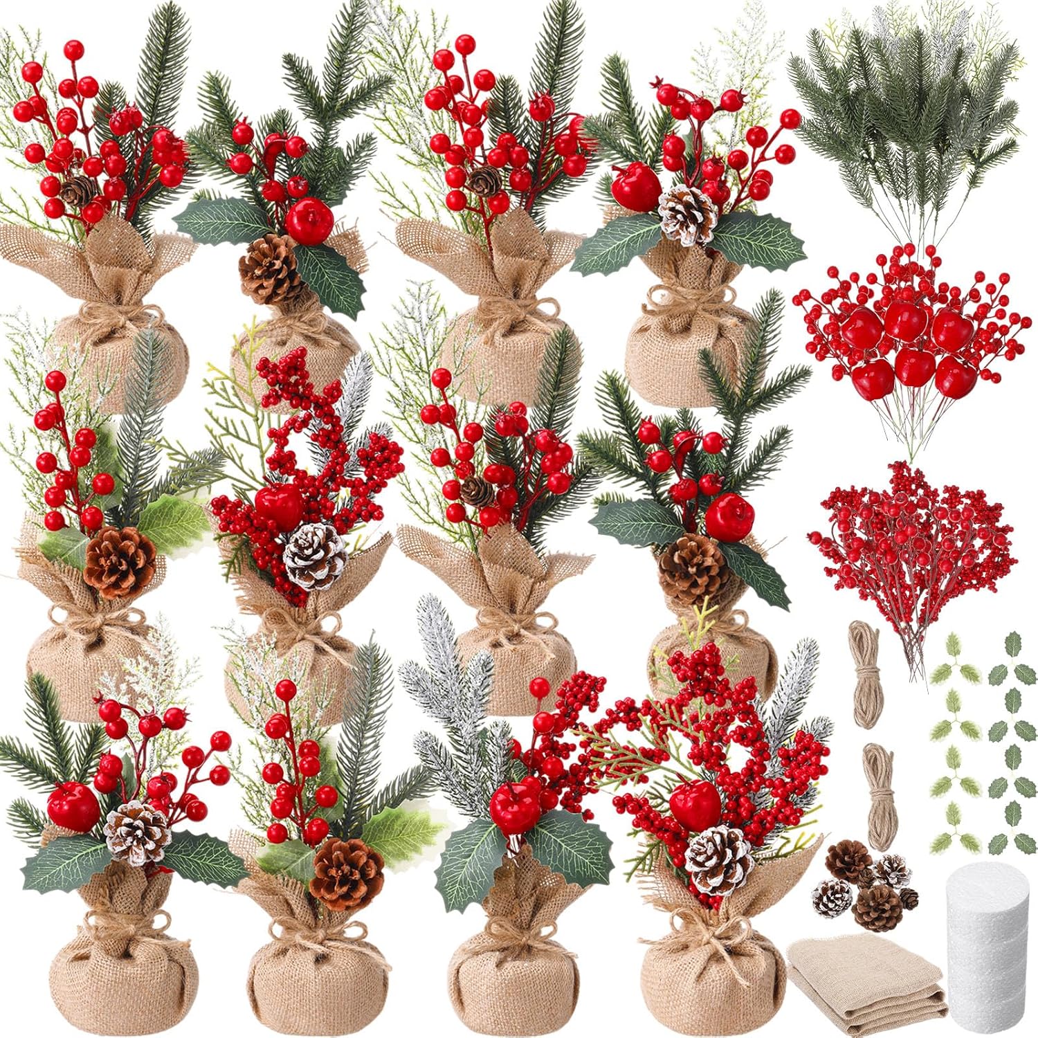 12 Sets Christmas Centerpiece for Table DIY Christmas Trees Table Decorations 10'' Artificial Trees with Red Berries Apple Pine Cones and Branches for Home Office Desktop Holiday Decorations