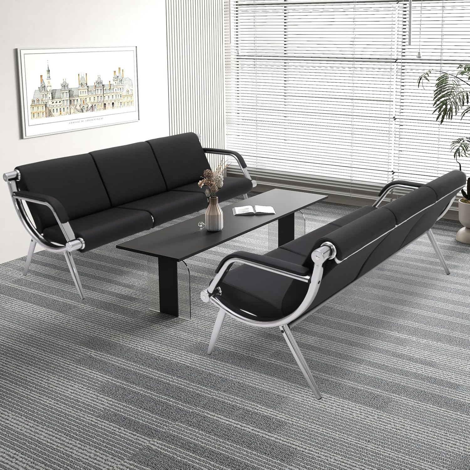 Waiting Room Bench with Armrest, Lobby Conference Reception Bench, PU Leather Office Furniture,Office Guest Seating for Clinic,Airport,Hospital,Barber,Salon,Bank (Chrome & Black, 3-Seat)