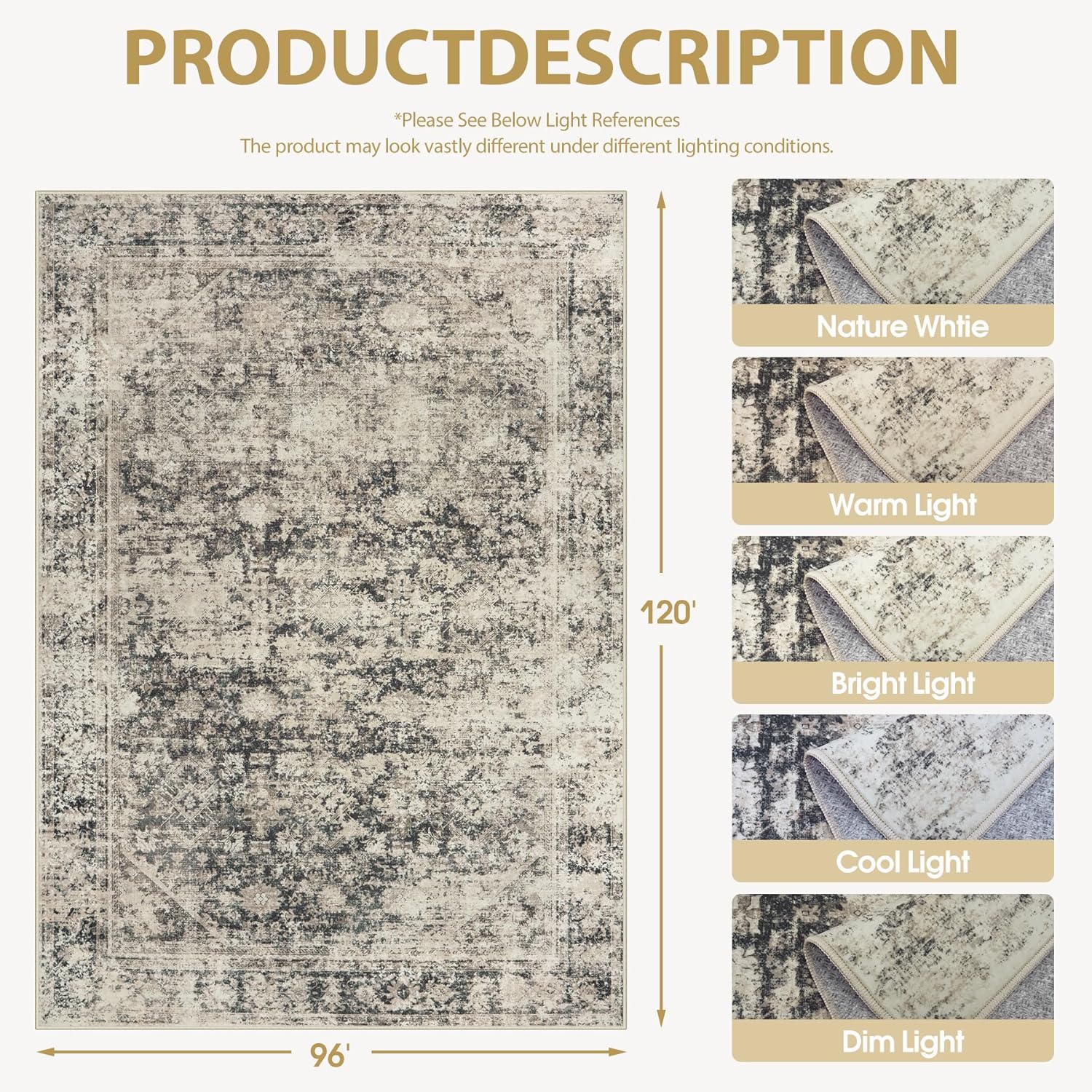 8x10 Area Rugs Washable Rug: Large Vintage Abstract Living Room Rug Soft Anti-Skid Thin Carpet Indoor Floor Stain Resistant Carpets for Bedroom Dining Farmhouse Nursery Home Office Beige Black