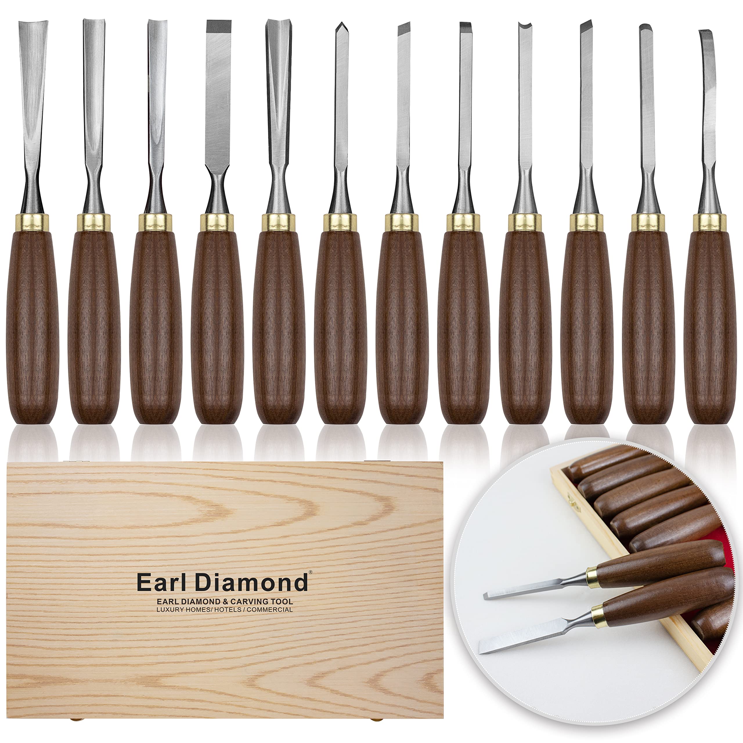 Earl Diamond Wood Carving Tools, 12pc Chisel Set with Wooden Box | Full Size Foundational Gouges for Beginners, Hobbyists and Professionals | 65Mn Manganese Steel Blades