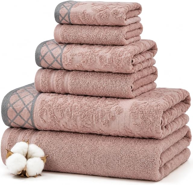 Amrapur Overseas -Damas Jacquard 6 Ensemble de serviettes en pièces avec bordure embellie (Peach)