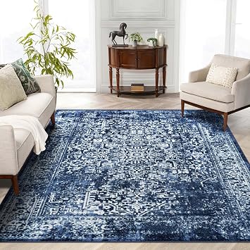 vivorug 6x9 Area Rugs, Stain Resistant Washable Rug for Living Room, Vintage-Inspired Navy Blue, 6'x9'