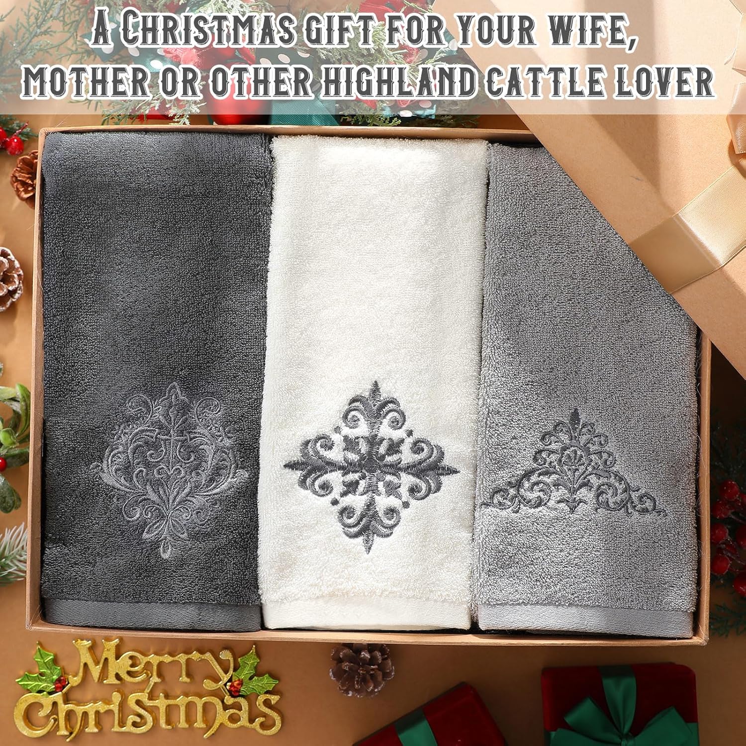 3 Pcs Decorative Gray Hand Towels for Bathroom Kitchen 13.3 x 29.5'' Farmhouse Damascus Luxury Embroidered 100% Cotton Towels Art Decor for Bathroom Kitchen - Image 6