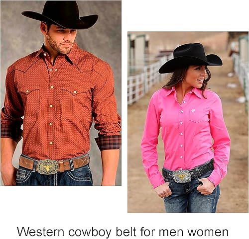 Miniatura 3 de Cinturón de vaquero occidental para hombre y mujer, de piel sintética, estampado floral, con hebilla de toro (para 25" a 38" cintura)