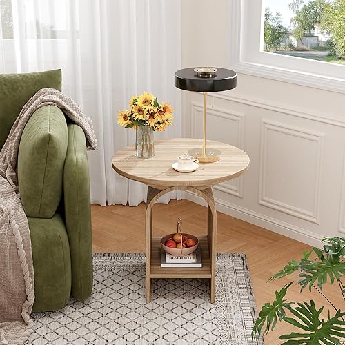 Miniatura 5 de Juego de 2 mesas auxiliares, mesa auxiliar redonda para sala de estar, mesa auxiliar de 2 niveles con almacenamiento y mesa gruesa, mesa central