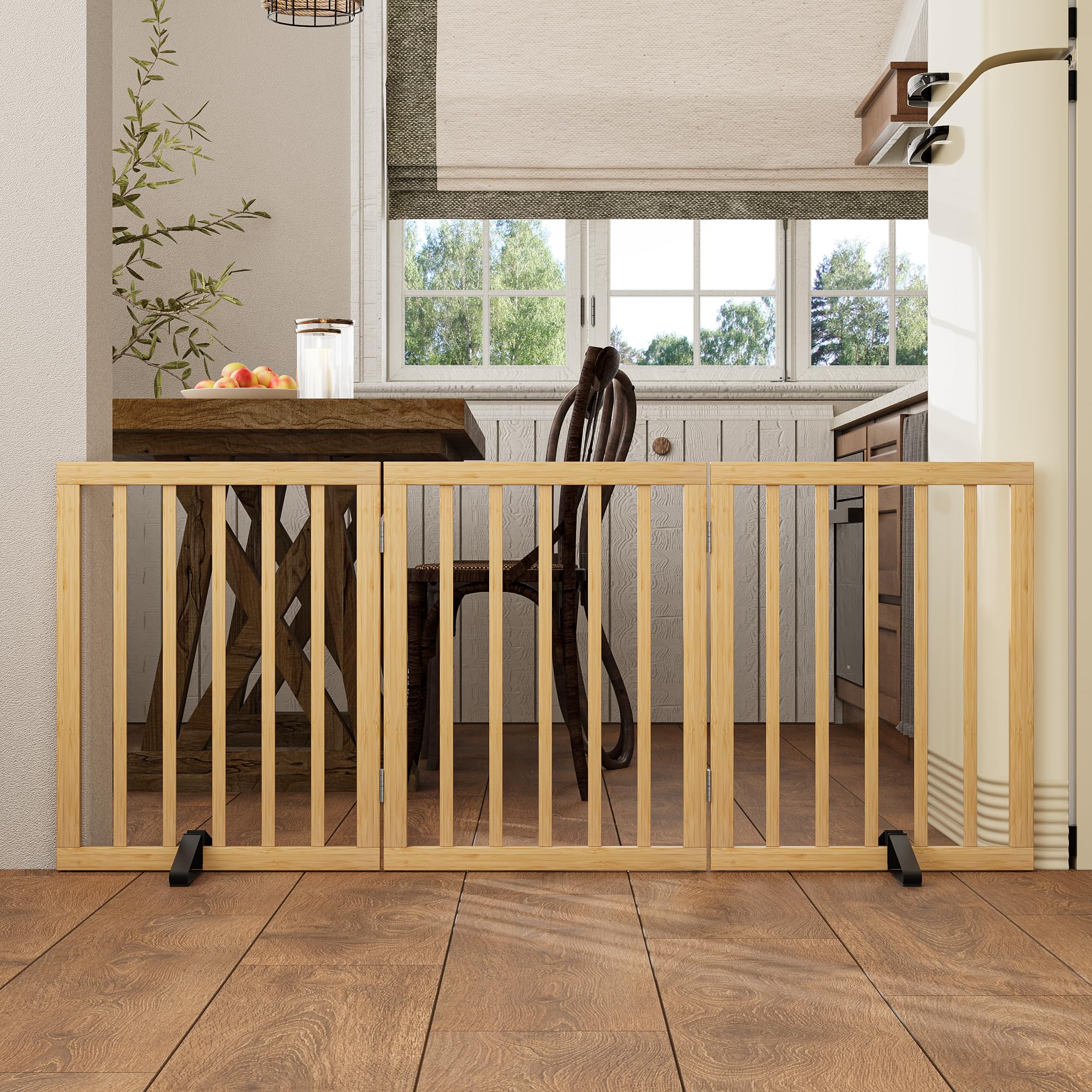 Cancello per cani in legno, altezza 60 cm, autoportante, pieghevole, per interni, cancello per cuccioli, con 2 piedini per apertura (naturale, 3 pannelli)