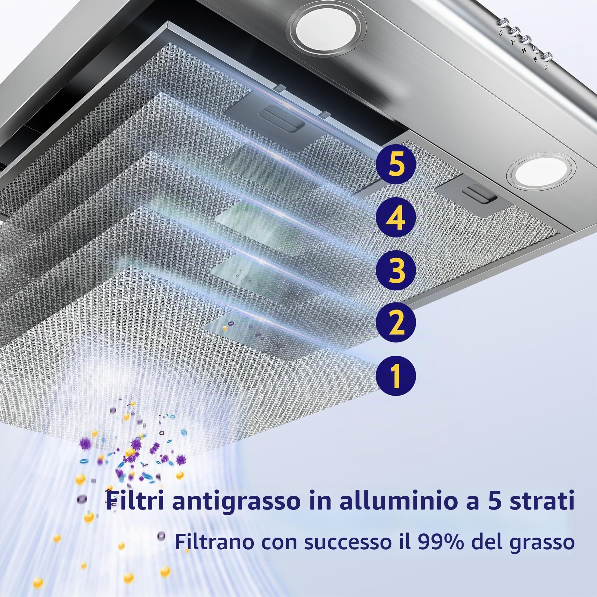 FIREGAS Cappa aspirante 60 cm per ricircolo o scarico, cappa aspirante 60 cm con motore senza spazzole e 3 livelli di potenza, potenza aspirante 250 m³/h, in acciaio inox