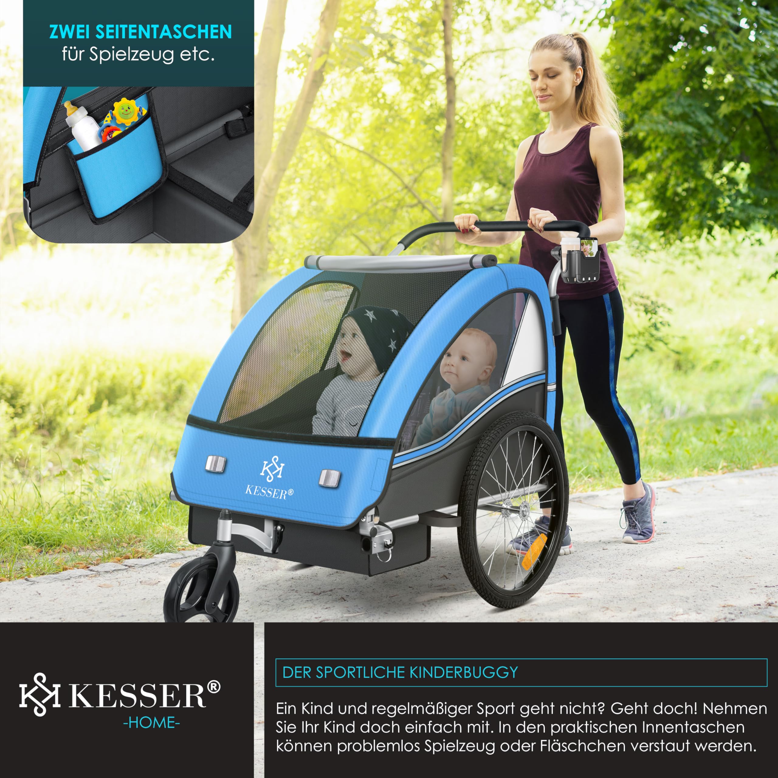 KESSER® Remolque para niños, Remolque para Bicicletas Sport-RX, 2 en 1, función Jogger, Remolque para Bicicletas para niños + cinturón de Seguridad de 5 Puntos, Rueda Delantera 360°