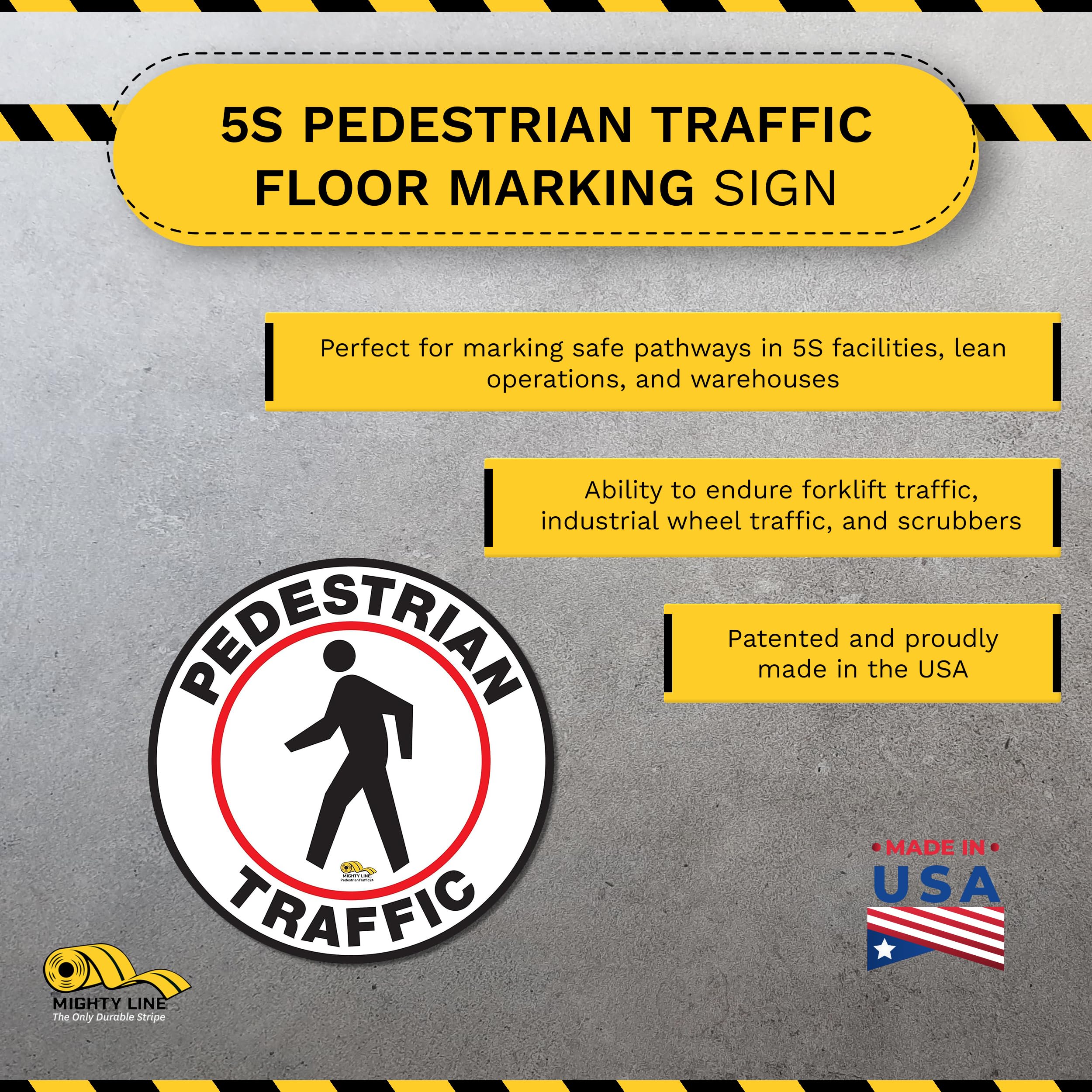 Mighty Line Pedestrian Traffic Crossing Walkway Floor Sign for Safety, Caution, Warning, Heavy-Duty, Peel and Stick, Adhesive, Industrial Quality, 12
