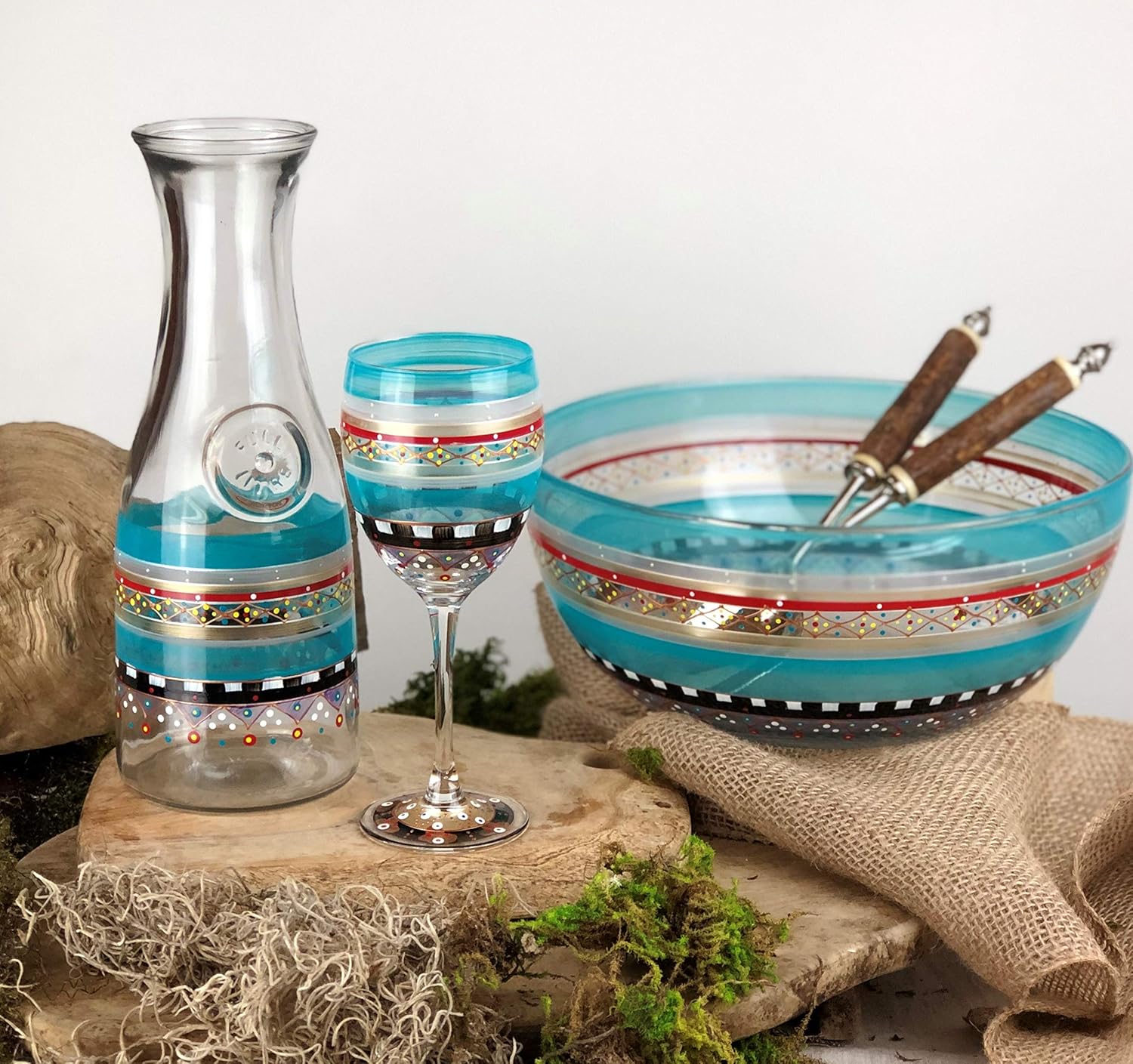 Hand Painted Wine Glasses Set of 2 - Moroccan Mosaic Carnival Collection - Hand Painted Glassware by USA Artists - Unique and Decorative Wine Glasses, Kitchen Table Décor