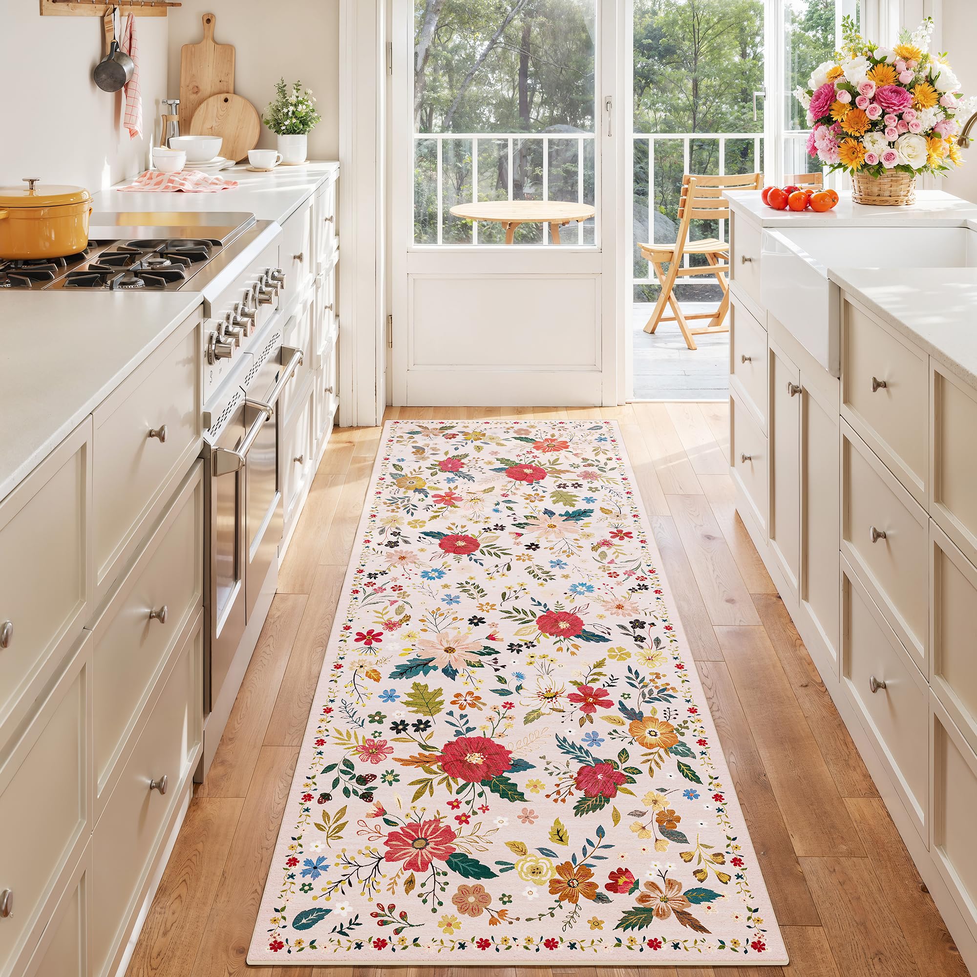 Photo 1 of ARKIIKI 8x10 Floral Washable Beige Rugs for Living Room, Soft Large Rugs Area Rug, Indoor Boho Carpet for Bedroom Dining Room Office, Rubber Backed Non Slip Low Pile Mat, Pink/Beige