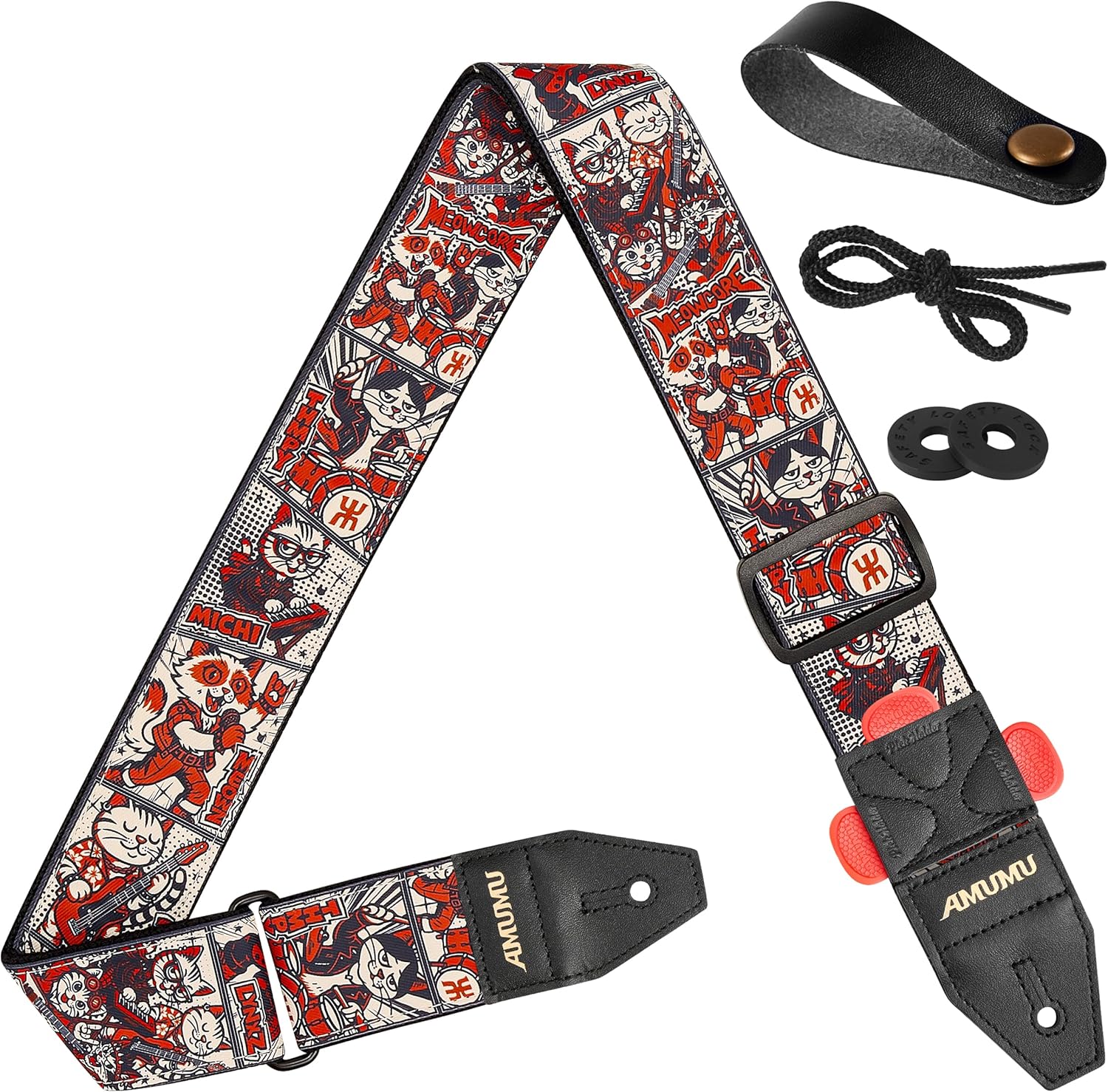 Amumu 2'' Meowcore Guitar Strap – Cat Rock Print with Top-Grain Leather Ends & Quick-Fetch Pick Holder – for Acoustic, Electric, Bass Guitars – Adjustable 37''-63''