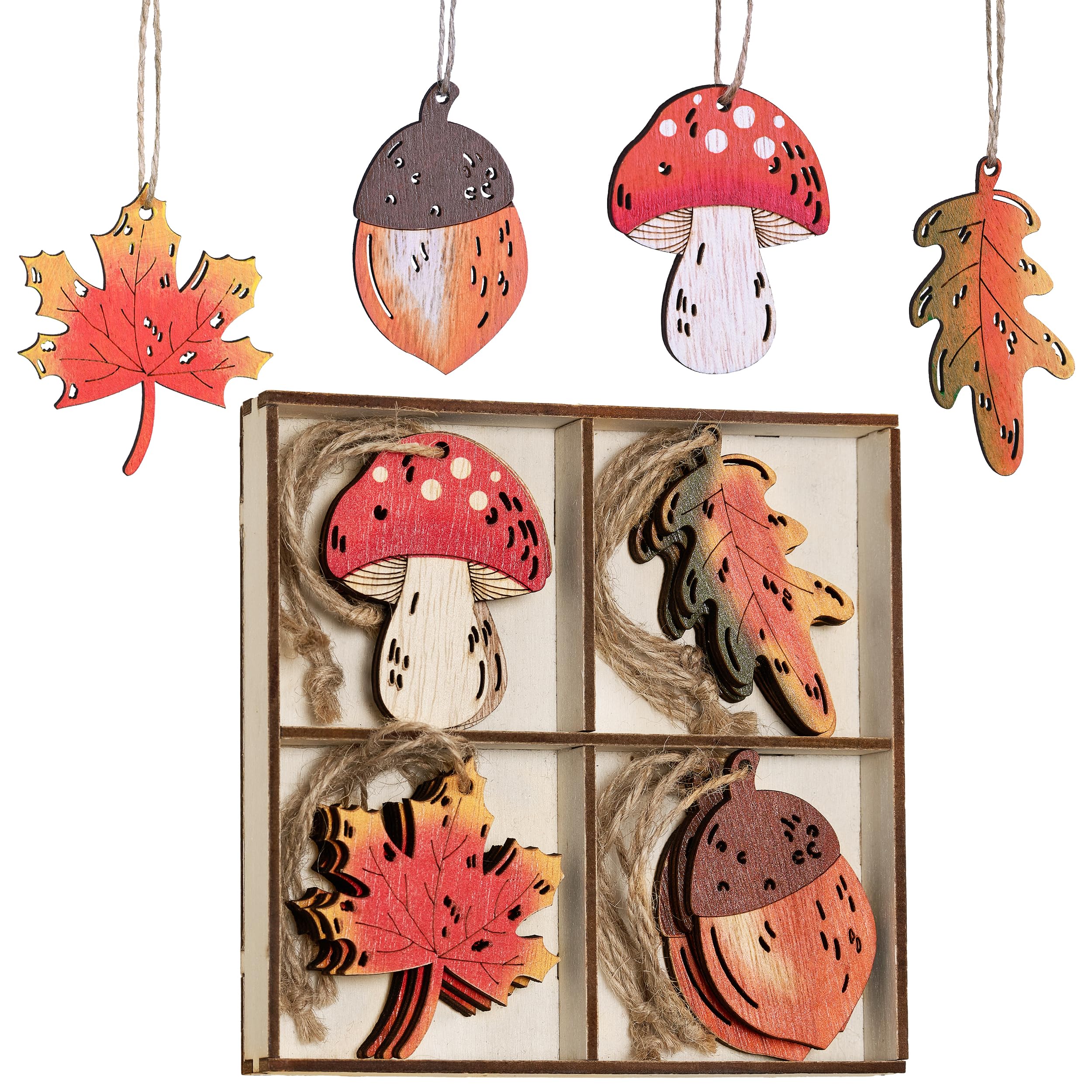 Valery Madelyn 12er Herbstdeko hängend,Holz Ahornblatt Pilz mit Schnur | 4.5-5.5cm Pilz Kiefernzapfen Blätter herbst deko zum aufhängen,Herbst Innen Tisch Baumdeko, Erntedankfest Geschenkanhänger