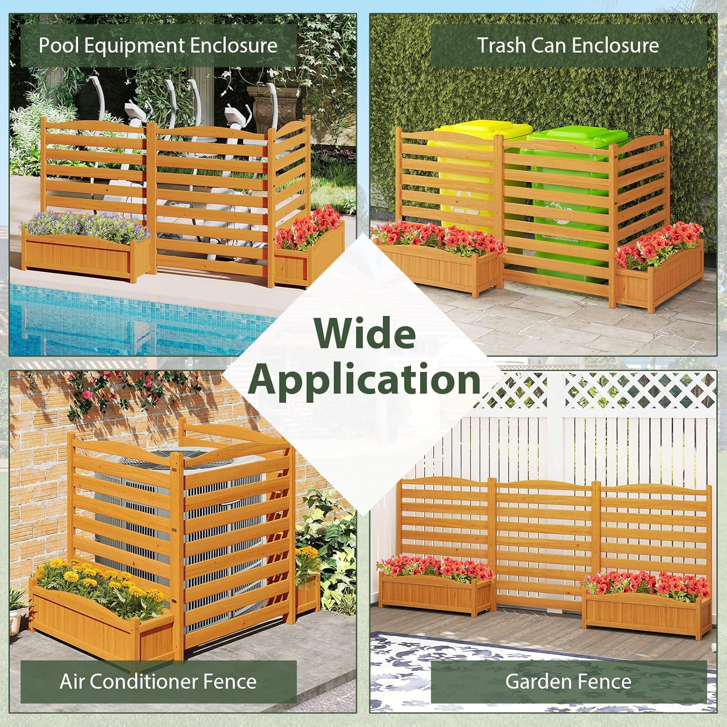 Giantex 3-Panel Air Conditioner Fence with Planter Box, 40''H No-Dig Wooden Privacy Screen for AC Unit, Trash Can & Pool Equipment Enclosure, Slatted Outdoor Garden Fence for Patio, Backyard