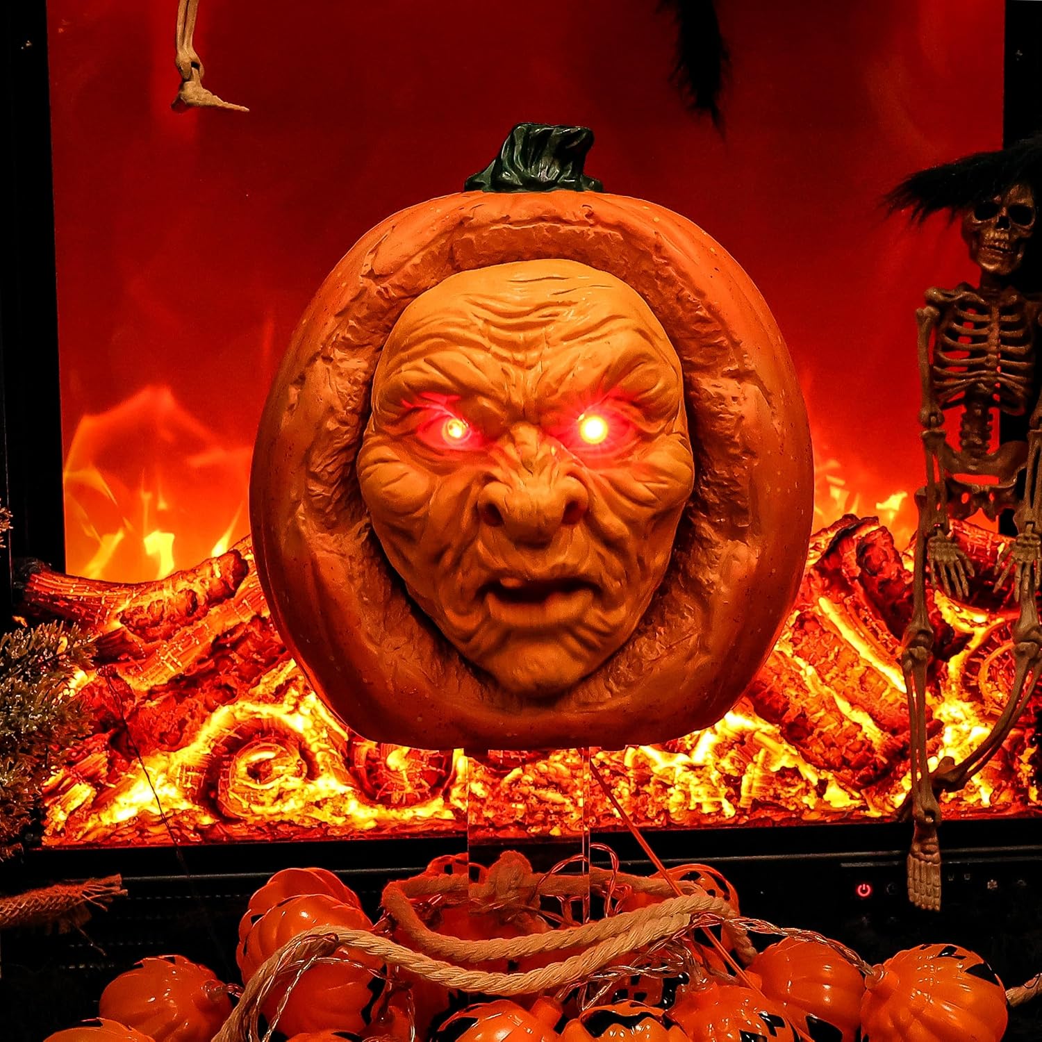 EVAPLUS Scary Animated Pumpkin Decor - Glowing Red Eyes, Moving Mouth & Horror Sounds with Motion Sensor, Creepy Old Man Face for Halloween Haunted House‌ (Orange - Pumpkin Head)