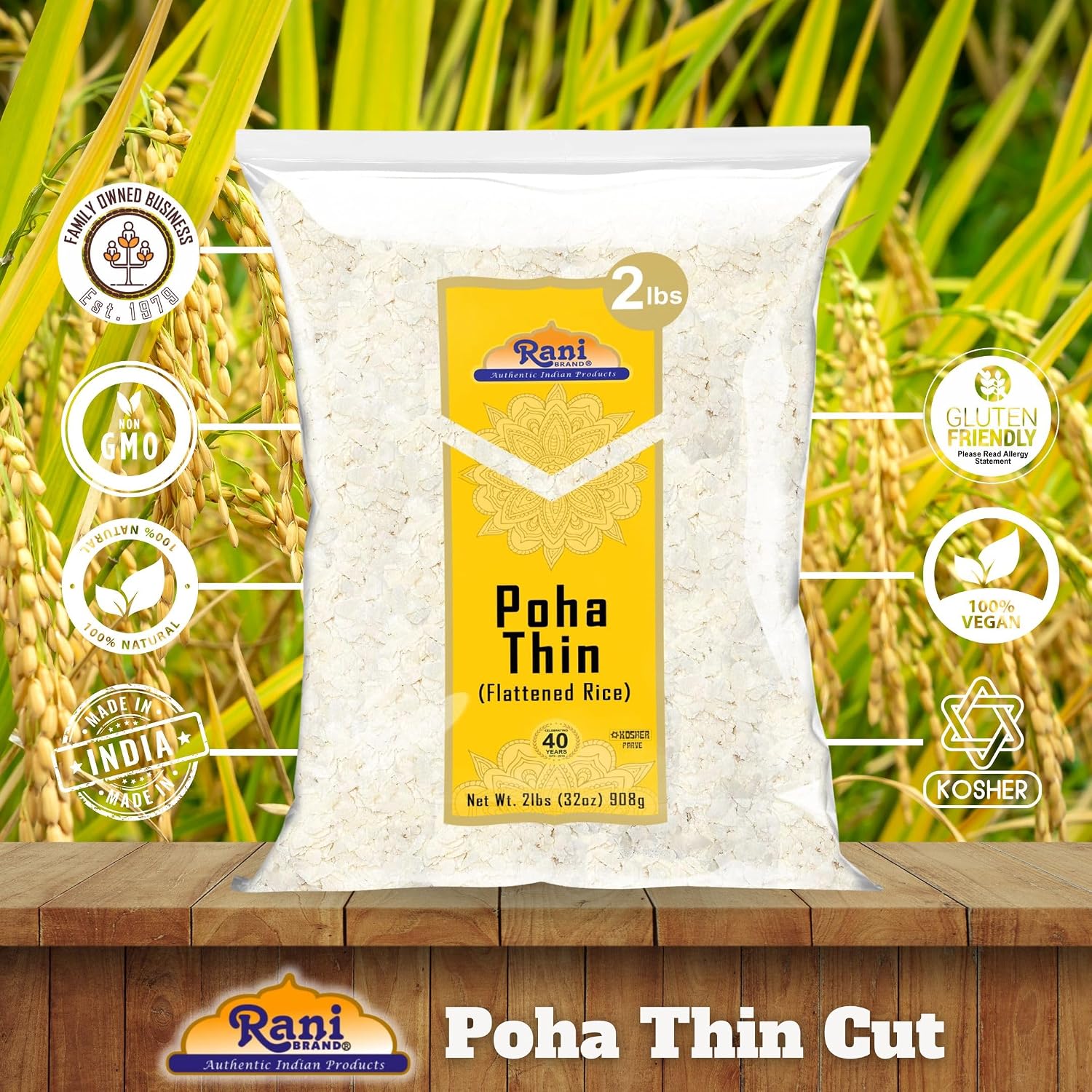 Rani Poha (Powa) Thin Cut (Flattened Rice) 32oz (2lbs) 908g ~ All Natural, Salt-Free | Vegan | No Colors | Gluten Friendly | Indian Origin image 5