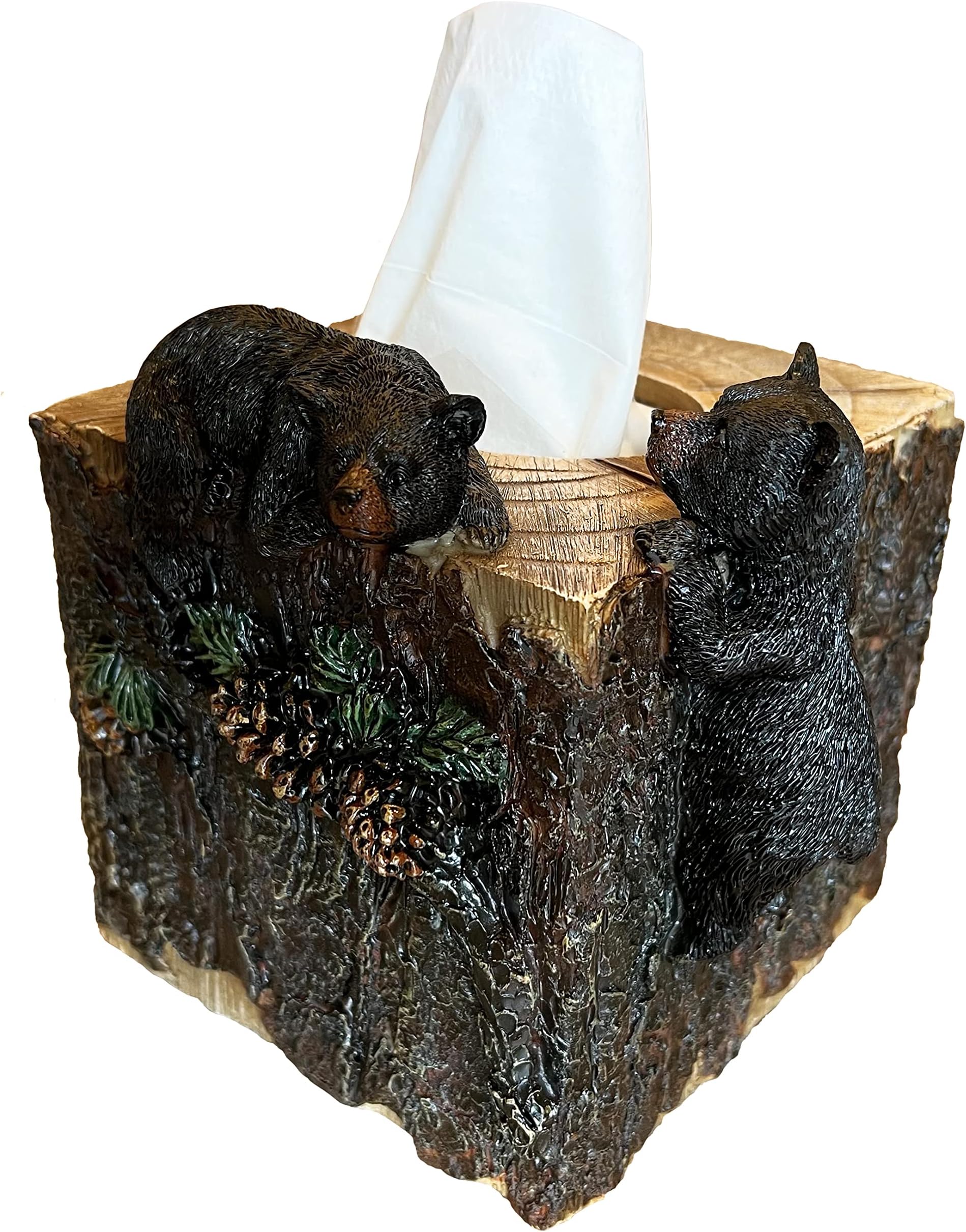 Decorative Black Bear and Cub Square Tissue Box Cover - Pinecone and Pine Bark Accemts