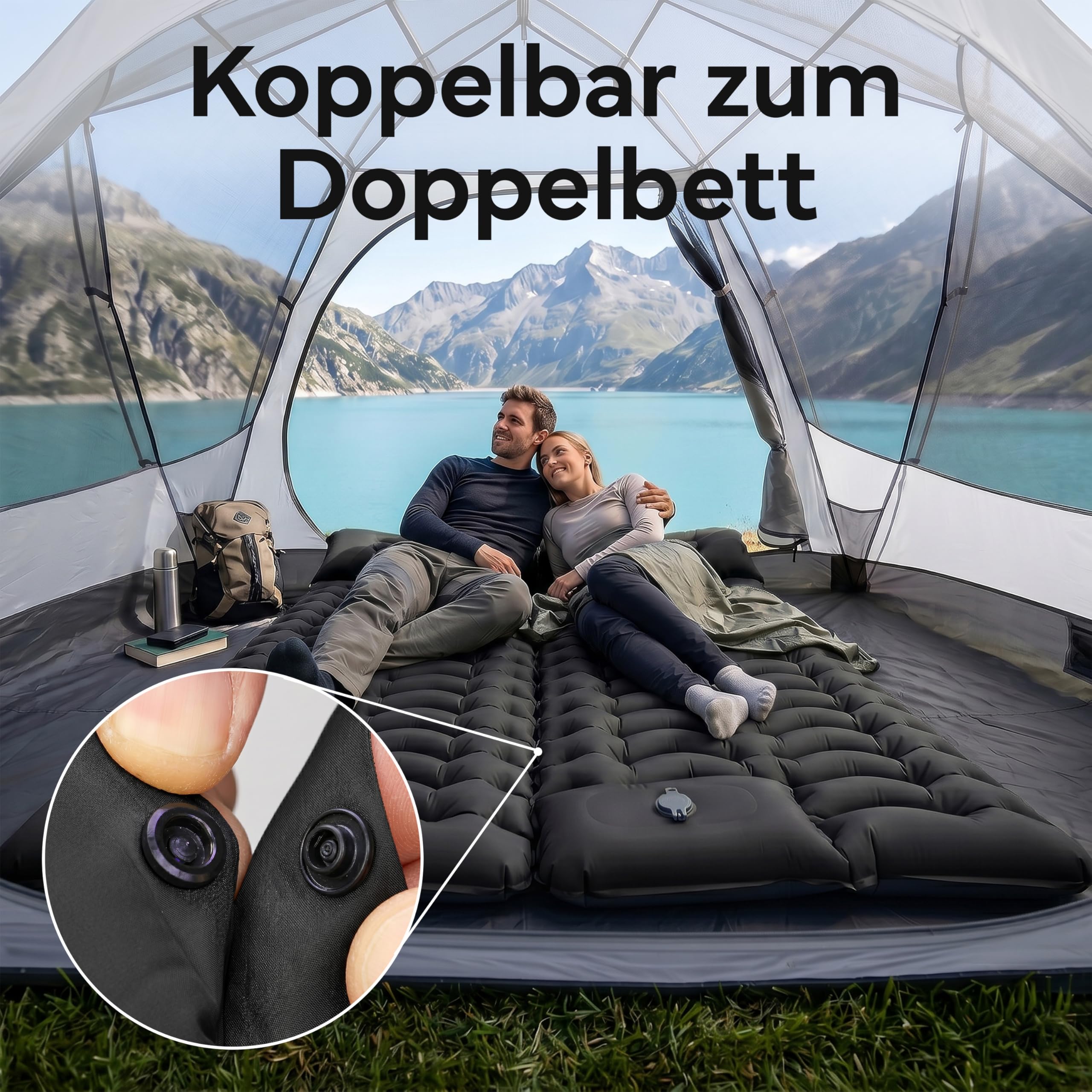 NEOLYMP NORDPINE Isomatte Camping - Integrierte Fußpumpe, Aufblasbar, 10 cm Dick - 200x70 cm, Ultraleicht 0,9 kg, Packmaß 25x12 cm - Aufblasbare Isomatte Luftmatratze Schlafmatte (Schwarz)