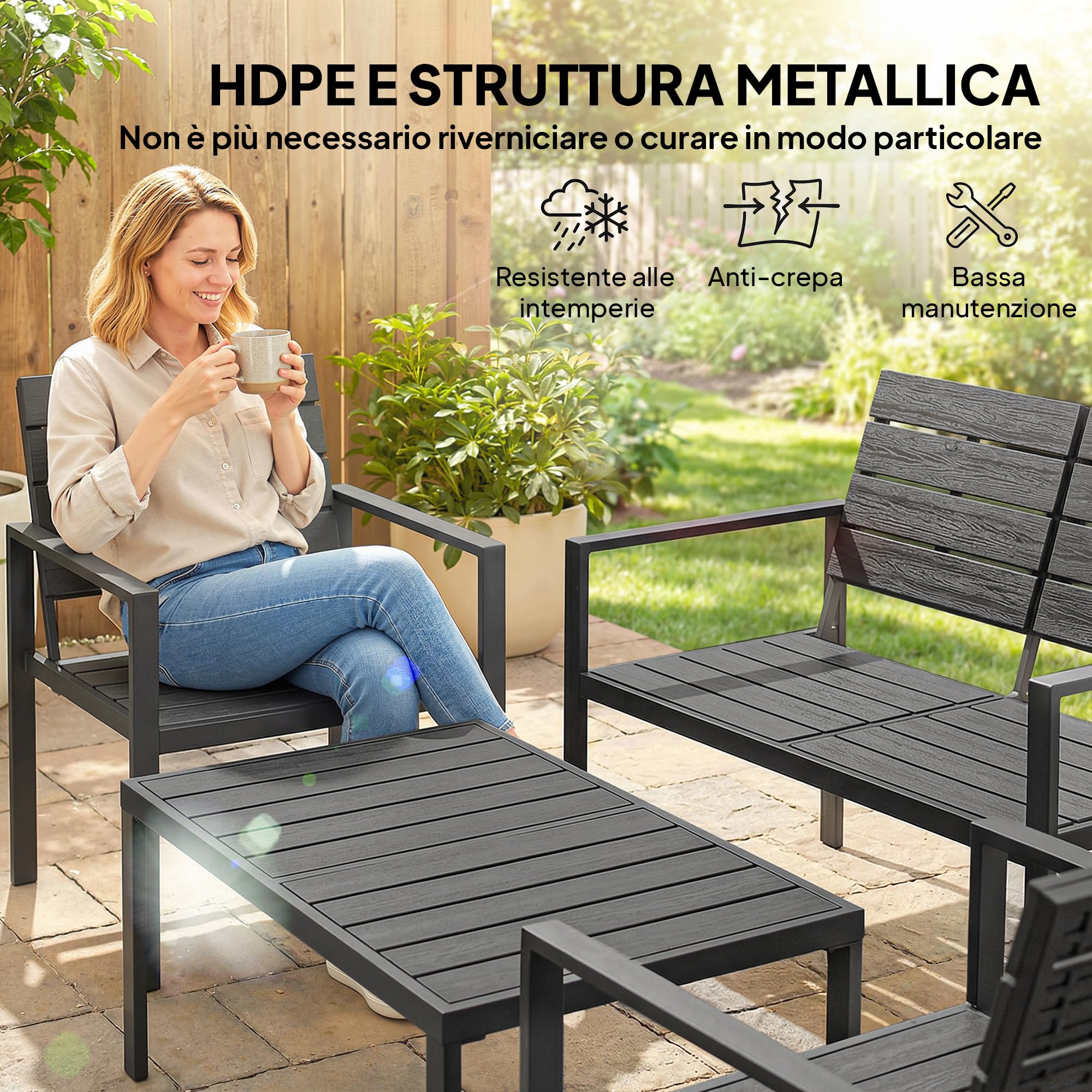 Outsunny Set Salotto da Giardino 4 Pezzi, Set di Mobili da Giardino in HDPE con Tavolino da Caffè, Divanetto da Esterno a 2 Posti, 2 Poltrone, Struttura in Metallo, Salottino da Esterno Balcone, Nero