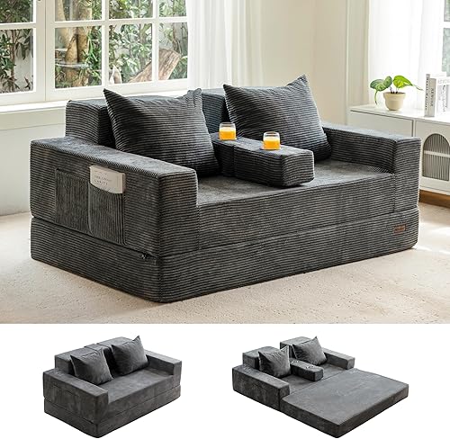 MAXYOYO Sofá cama biplaza, sofá plegable 4 en 1, sofá de piso en una caja con 2 portavasos, sofá convertible sin hueso, silla reclinable plegable