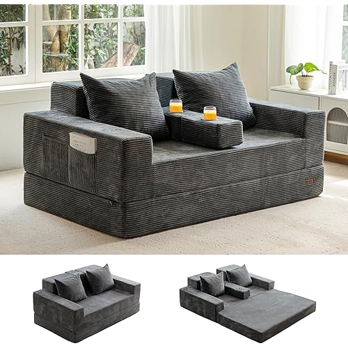 MAXYOYO Loveseat Sofa Bed, 4 in 1 Foldable Floor Sofa Couch in A Box with 2 Cup Holders, Convertible Boneless Couch Folding Recliner Sleeper Chair for Living Room, No Assembly Required, Dark Grey